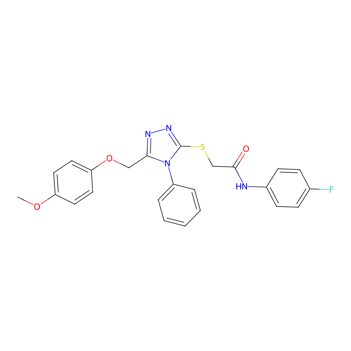 N-(4-Fluorophenyl)-2-((5-((4-methoxyphenoxy)methyl)-4-phenyl-4H-1,2,4-triazol-3-yl)thio)acetamide molecular structure, CAS 332912-57-9