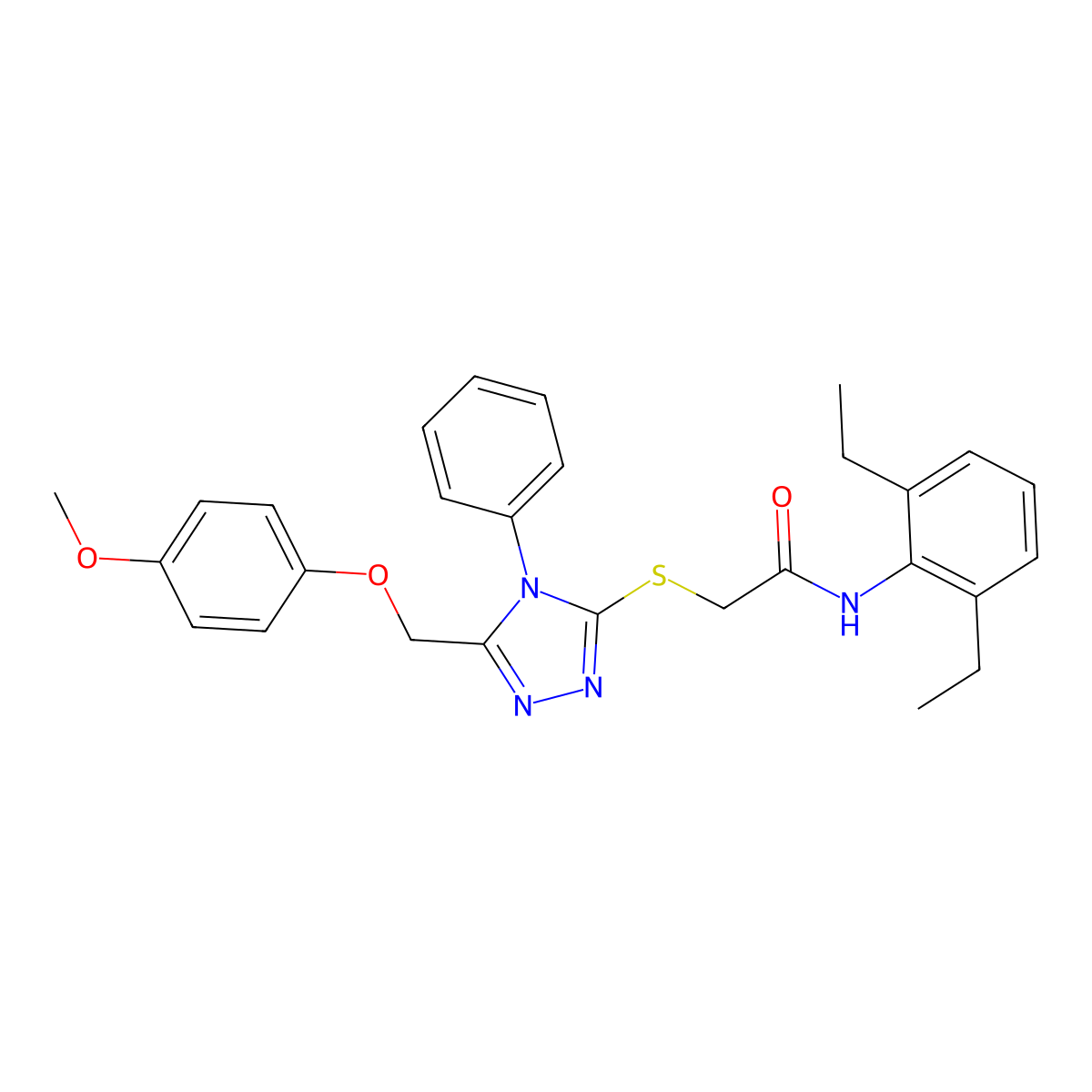 N-(2,6-Diethylphenyl)-2-((5-((4-methoxyphenoxy)methyl)-4-phenyl-4H-1,2,4-triazol-3-yl)thio)acetamide molecular structure, CAS 332912-78-4