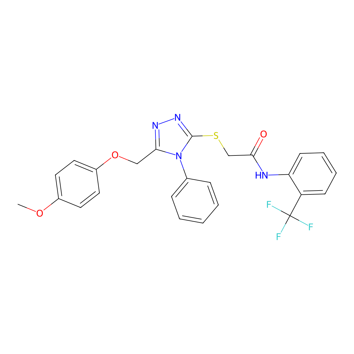2-((5-((4-Methoxyphenoxy)methyl)-4-phenyl-4H-1,2,4-triazol-3-yl)thio)-N-(2-(trifluoromethyl)phenyl)acetamide molecular structure, CAS 332912-81-9