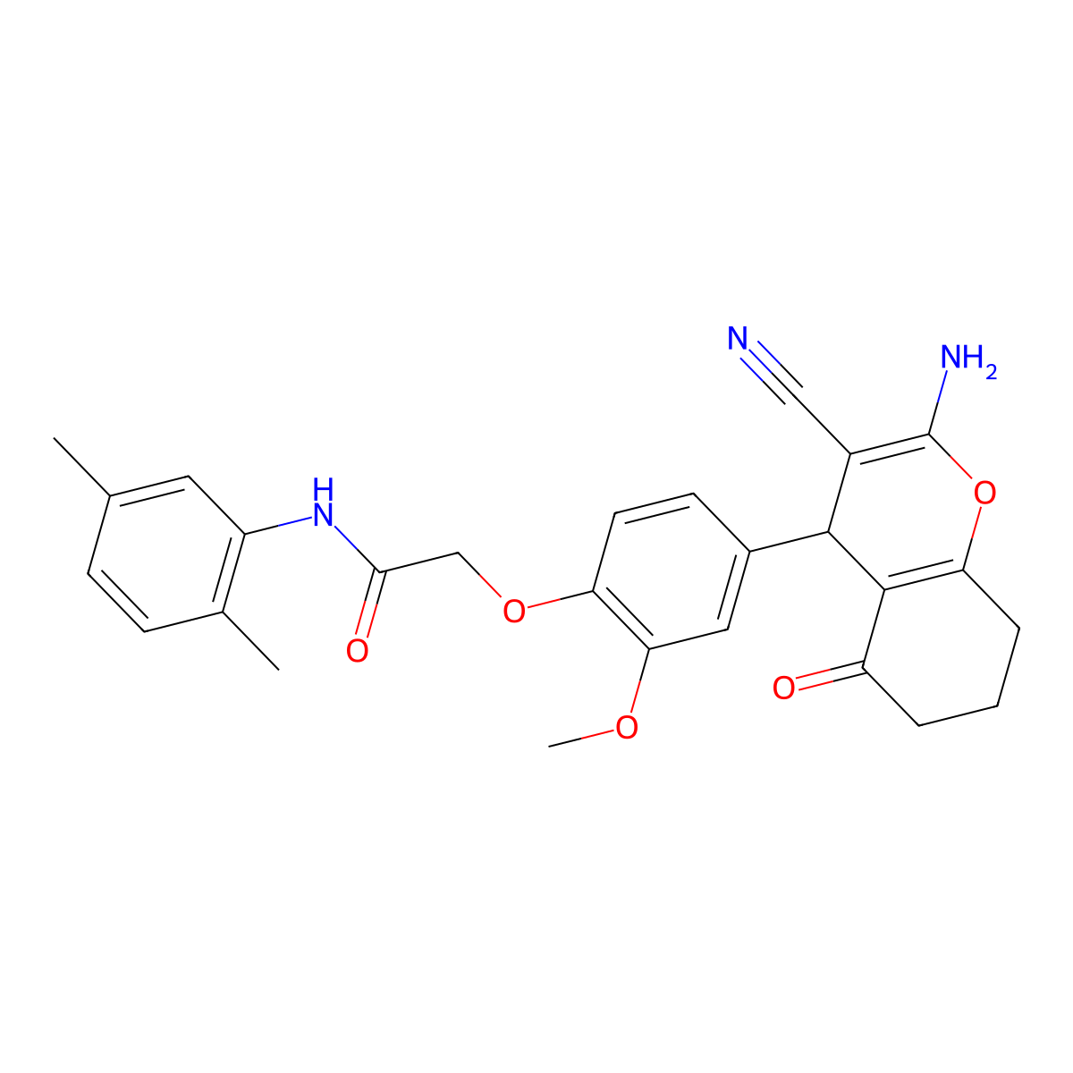 2-(4-(2-Amino-3-cyano-5-oxo-5,6,7,8-tetrahydro-4H-chromen-4-yl)-2-methoxyphenoxy)-N-(2,5-dimethylphenyl)acetamide molecular structure, CAS 332912-91-1