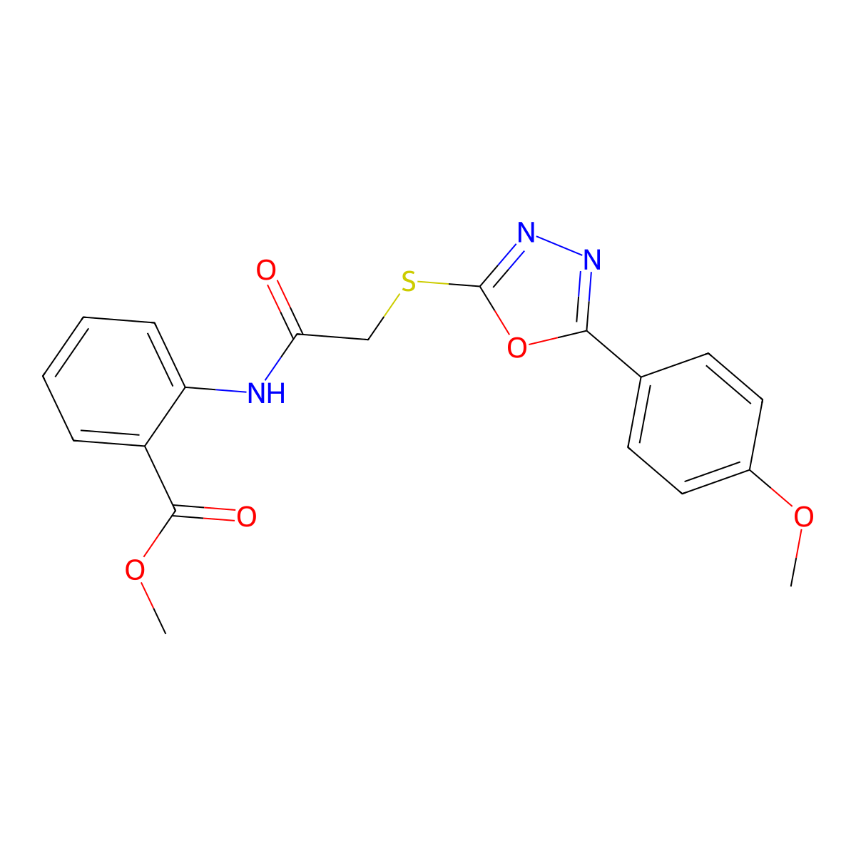 Methyl 2-{2-[5-(4-methoxyphenyl)-1,3,4-oxadiazol-2-ylthio]acetylamino}benzoate molecular structure, CAS 332922-03-9
