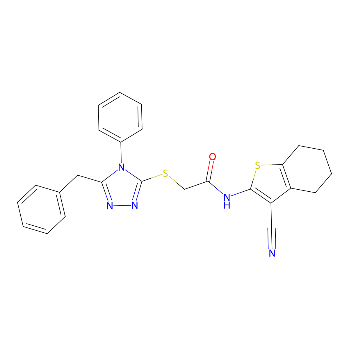 2-((5-Benzyl-4-phenyl-4H-1,2,4-triazol-3-yl)thio)-N-(3-cyano-4,5,6,7-tetrahydrobenzo[b]thiophen-2-yl)acetamide molecular structure, CAS 332922-43-7
