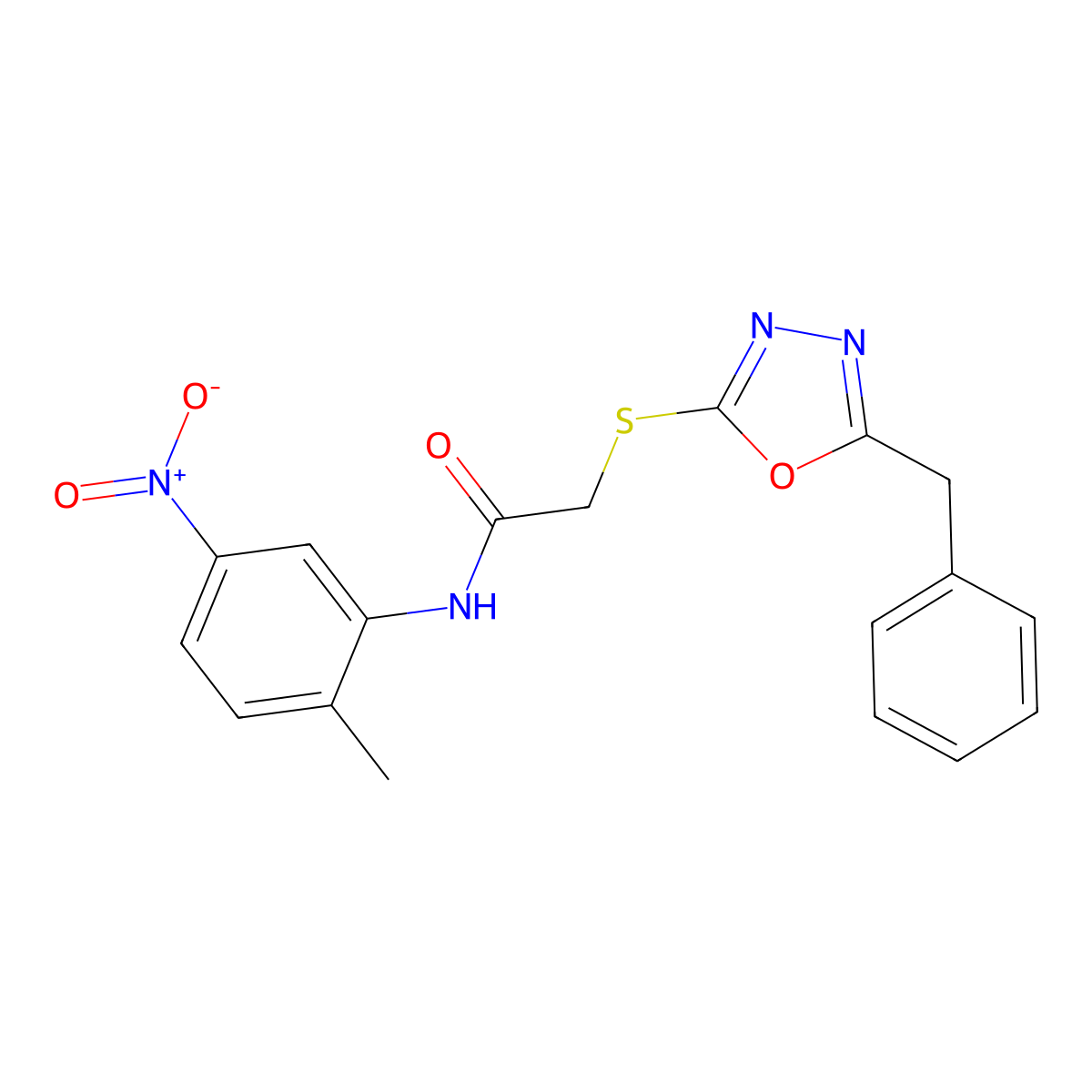 2-((5-Benzyl-1,3,4-oxadiazol-2-yl)thio)-N-(2-methyl-5-nitrophenyl)acetamide molecular structure, CAS 332922-51-7