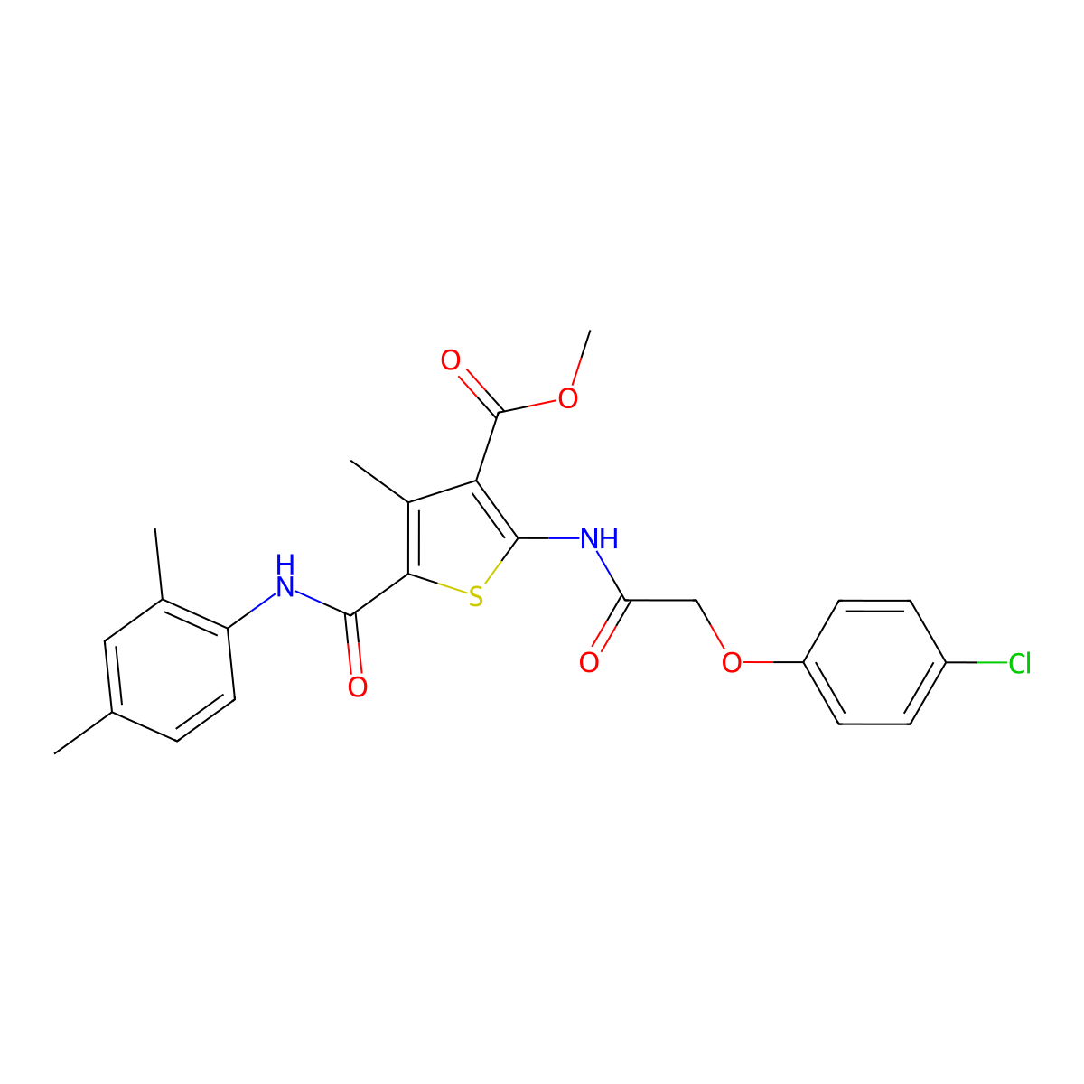 Methyl 2-(2-(4-chlorophenoxy)acetamido)-5-((2,4-dimethylphenyl)carbamoyl)-4-methylthiophene-3-carboxylate molecular structure, CAS 332923-64-5