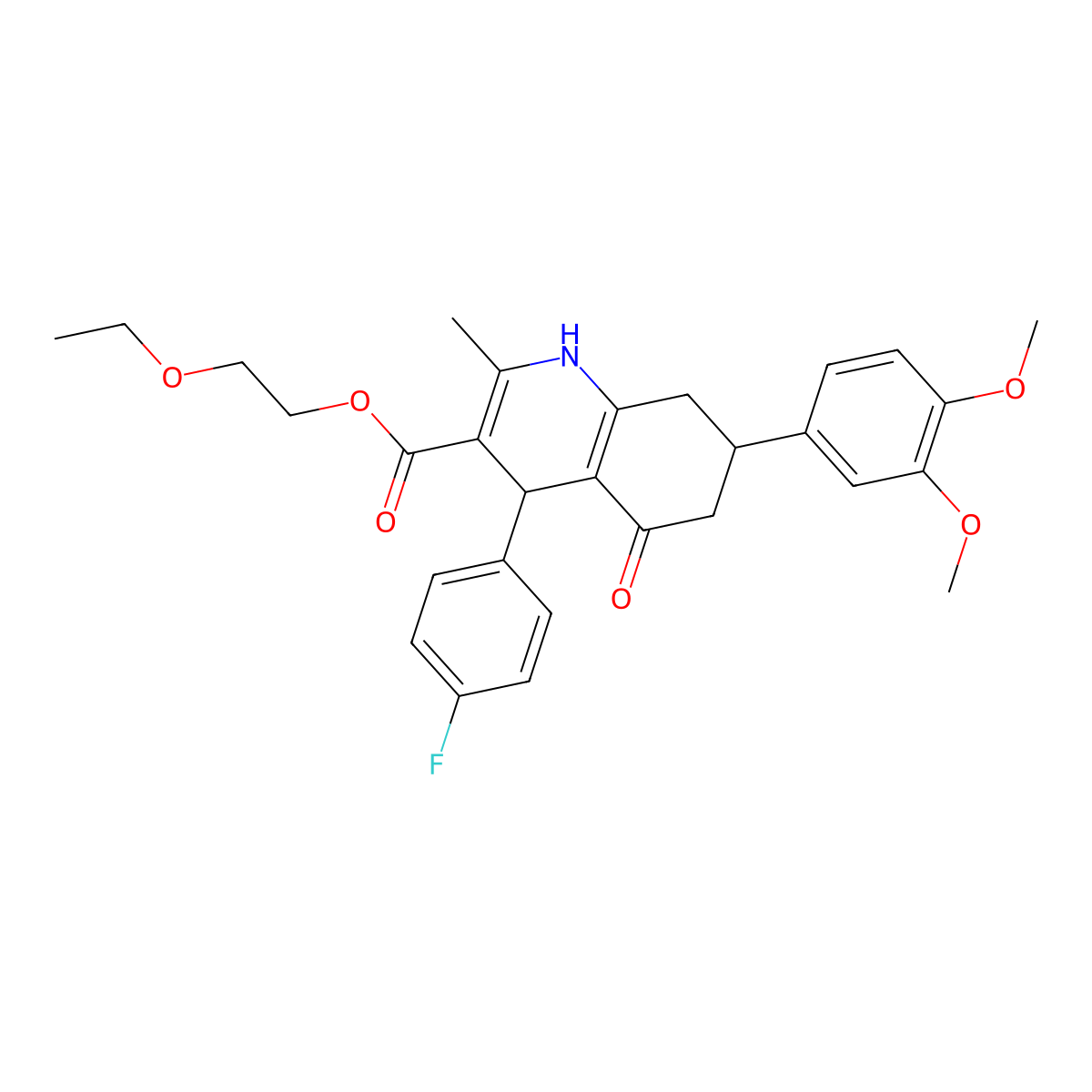 2-Ethoxyethyl 7-(3,4-dimethoxyphenyl)-4-(4-fluorophenyl)-2-methyl-5-oxo-1,4,5,6,7,8-hexahydroquinoline-3-carboxylate molecular structure, CAS 332923-65-6