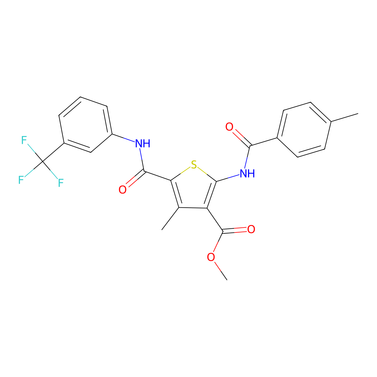 Methyl 4-methyl-2-(4-methylbenzamido)-5-((3-(trifluoromethyl)phenyl)carbamoyl)thiophene-3-carboxylate molecular structure, CAS 332923-98-5