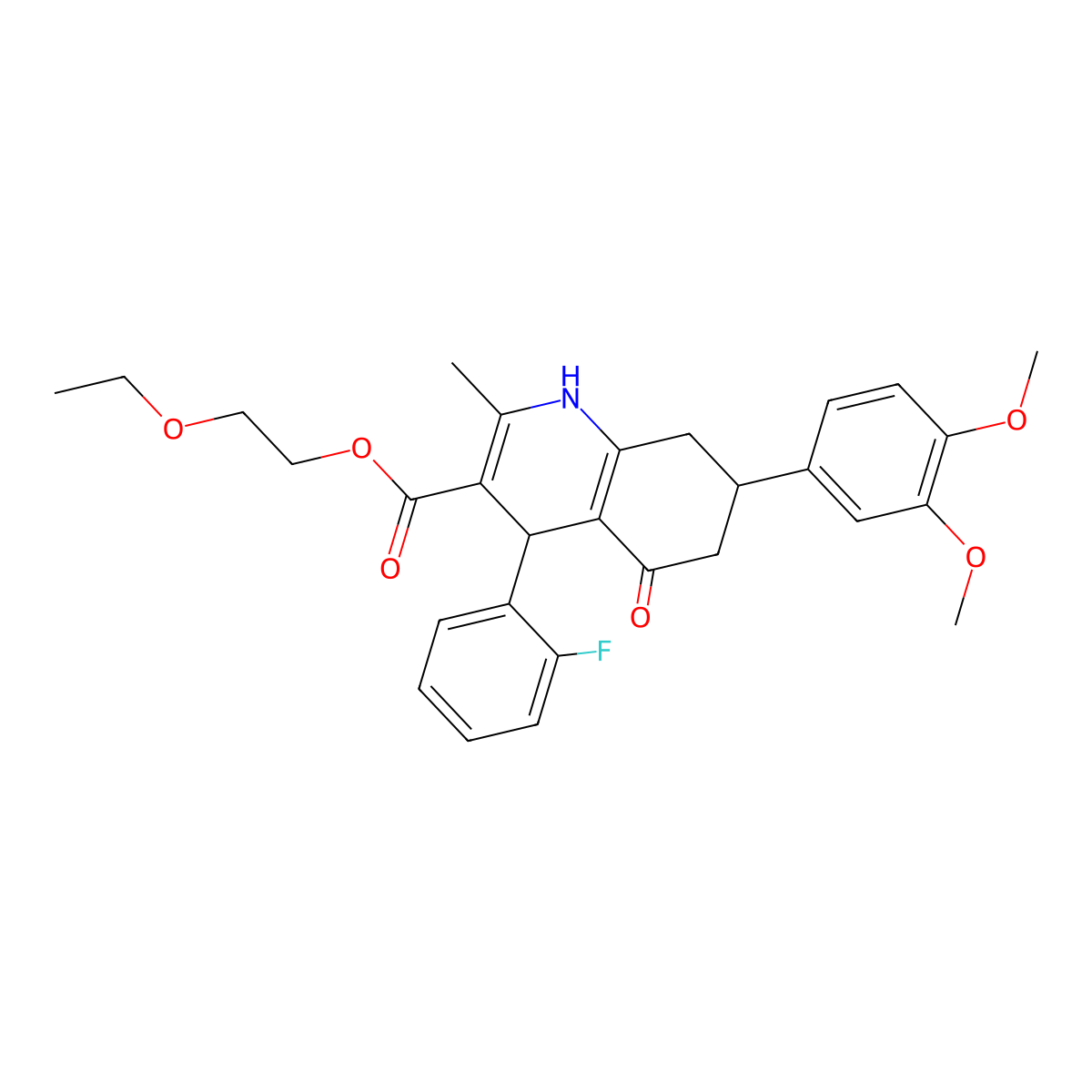 2-Ethoxyethyl 7-(3,4-dimethoxyphenyl)-4-(2-fluorophenyl)-2-methyl-5-oxo-1,4,5,6,7,8-hexahydroquinoline-3-carboxylate molecular structure, CAS 332924-58-0