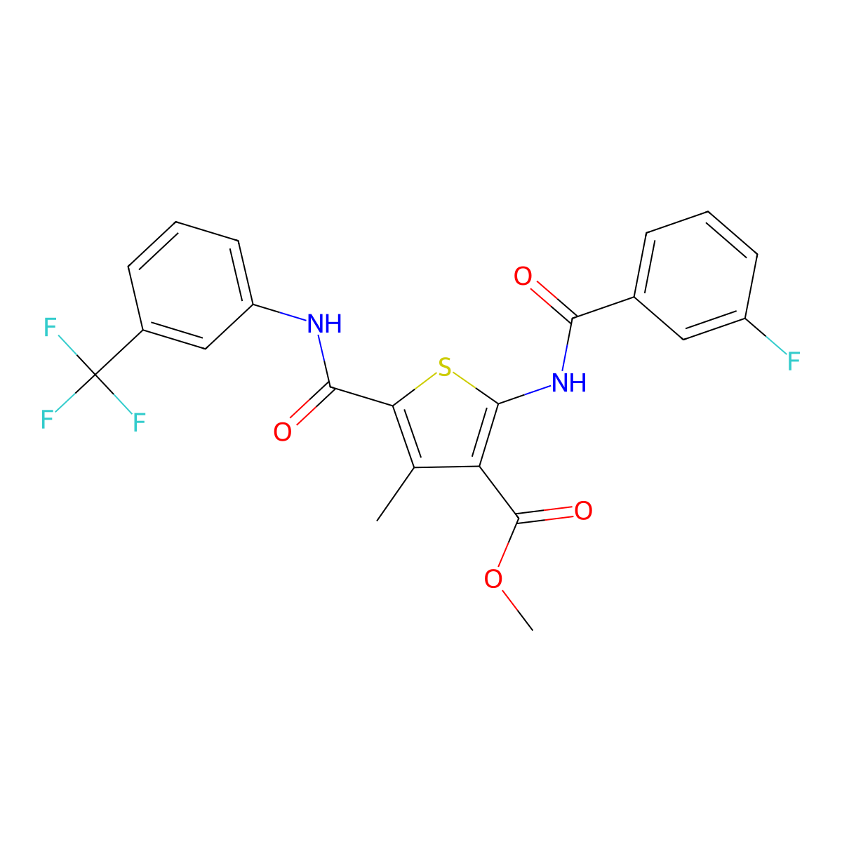 Methyl 2-(3-fluorobenzamido)-4-methyl-5-((3-(trifluoromethyl)phenyl)carbamoyl)thiophene-3-carboxylate molecular structure, CAS 332928-43-5