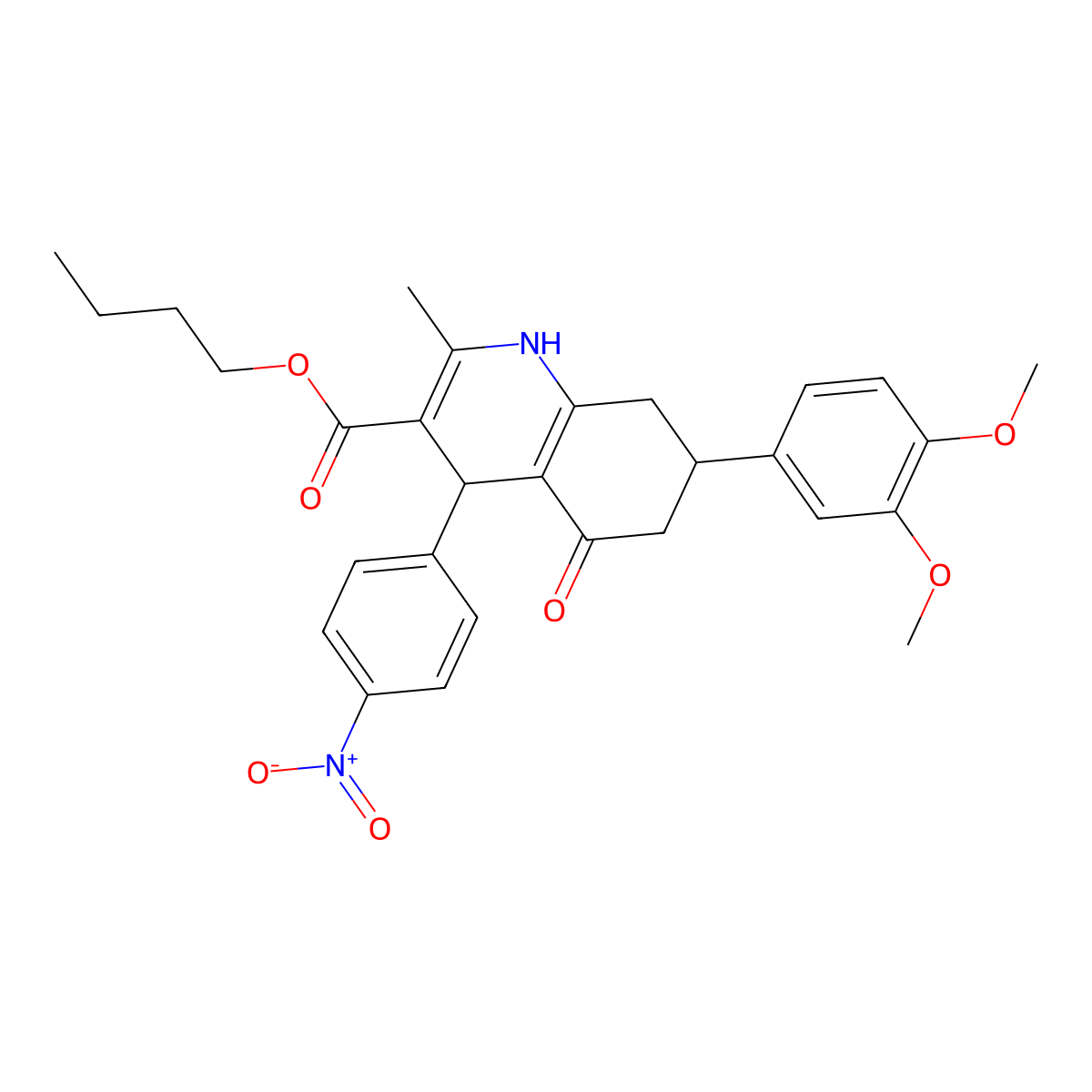 Butyl 7-(3,4-dimethoxyphenyl)-2-methyl-4-(4-nitrophenyl)-5-oxo-1,4,5,6,7,8-hexahydroquinoline-3-carboxylate molecular structure, CAS 332928-79-7