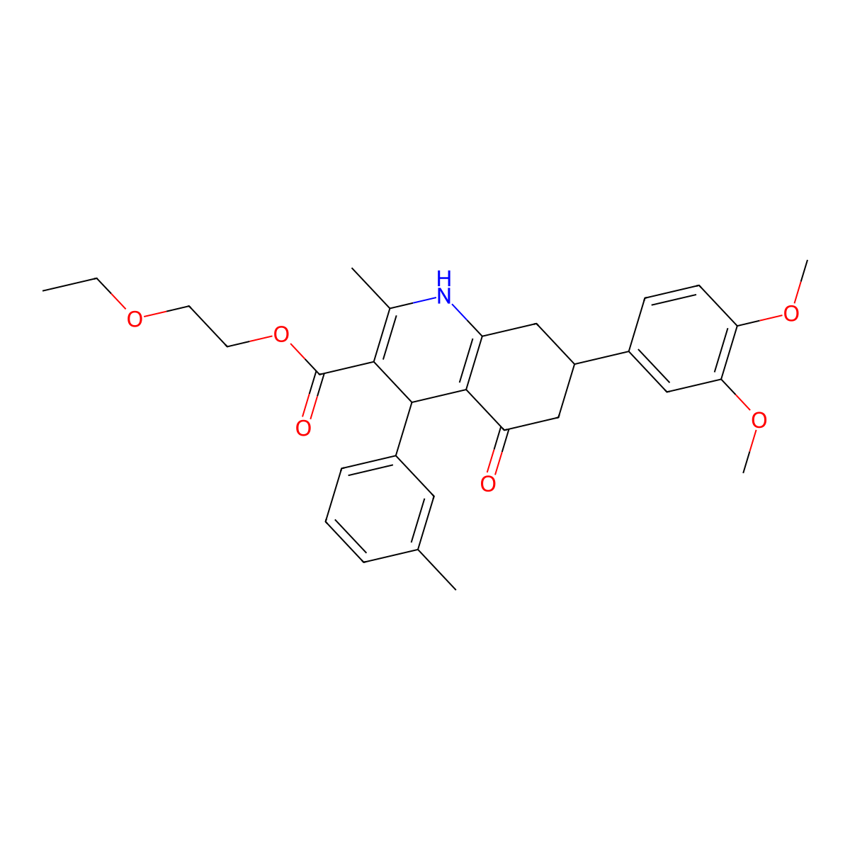 2-Ethoxyethyl 7-(3,4-dimethoxyphenyl)-2-methyl-5-oxo-4-(m-tolyl)-1,4,5,6,7,8-hexahydroquinoline-3-carboxylate molecular structure, CAS 332929-20-1