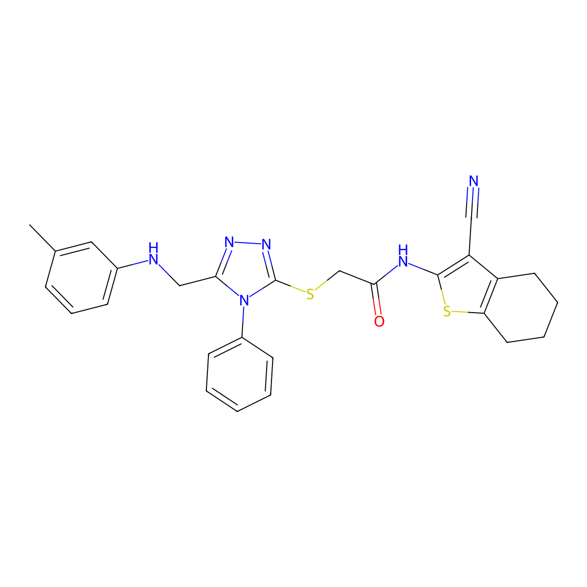 N-(3-Cyano-4,5,6,7-tetrahydrobenzo[b]thiophen-2-yl)-2-((4-phenyl-5-((m-tolylamino)methyl)-4H-1,2,4-triazol-3-yl)thio)acetamide molecular structure, CAS 332929-97-2