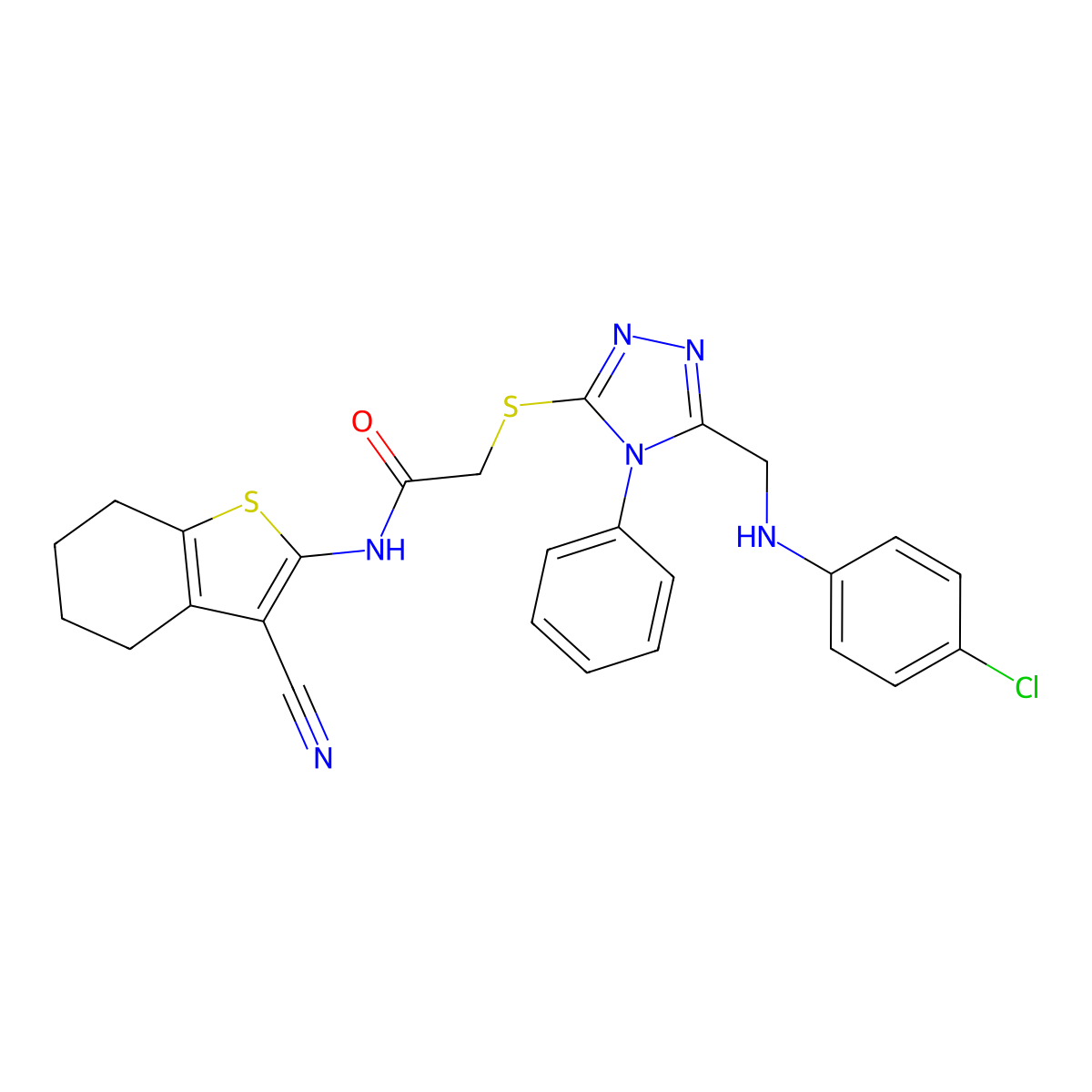 2-((5-(((4-Chlorophenyl)amino)methyl)-4-phenyl-4H-1,2,4-triazol-3-yl)thio)-N-(3-cyano-4,5,6,7-tetrahydrobenzo[b]thiophen-2-yl)acetamide molecular structure, CAS 332930-56-0