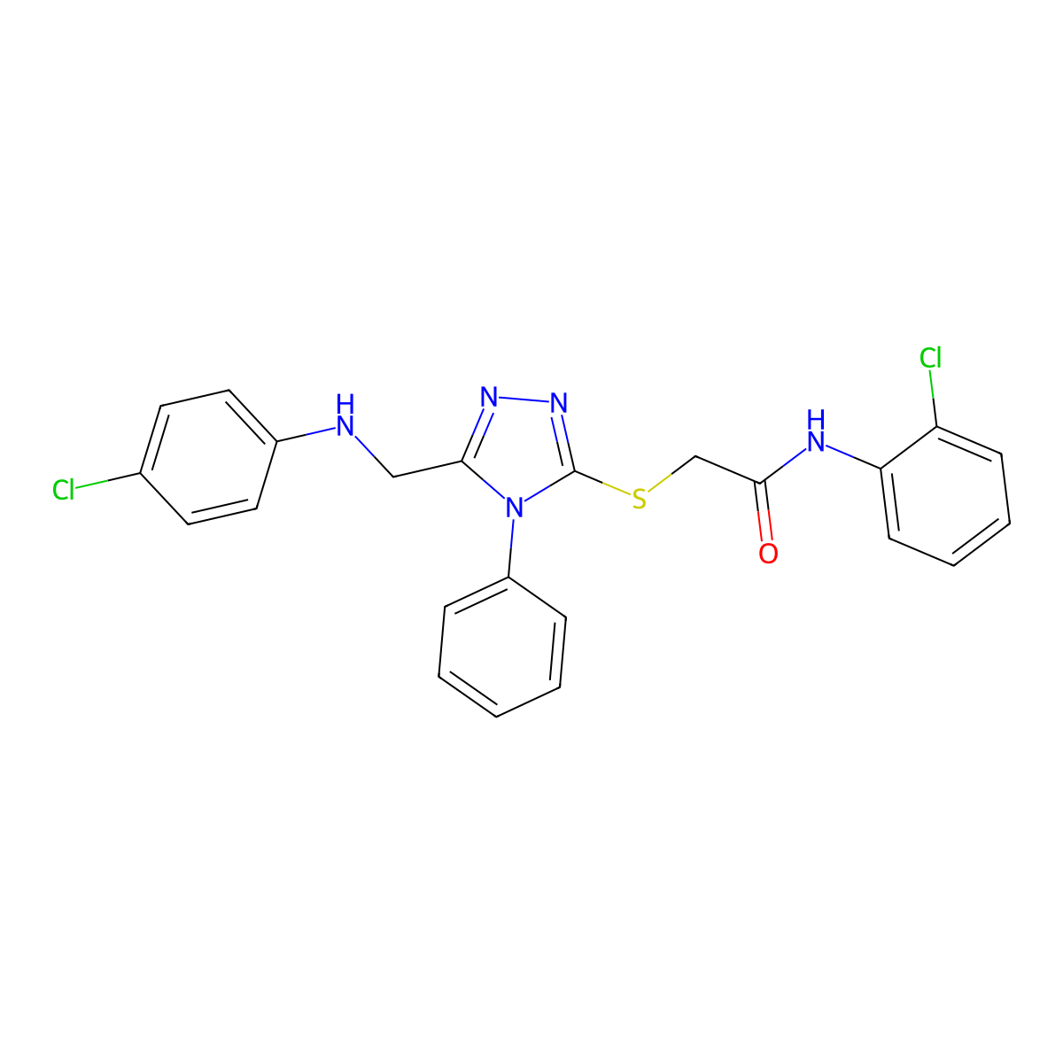 N-(2-Chlorophenyl)-2-((5-(((4-chlorophenyl)amino)methyl)-4-phenyl-4H-1,2,4-triazol-3-yl)thio)acetamide molecular structure, CAS 332930-62-8