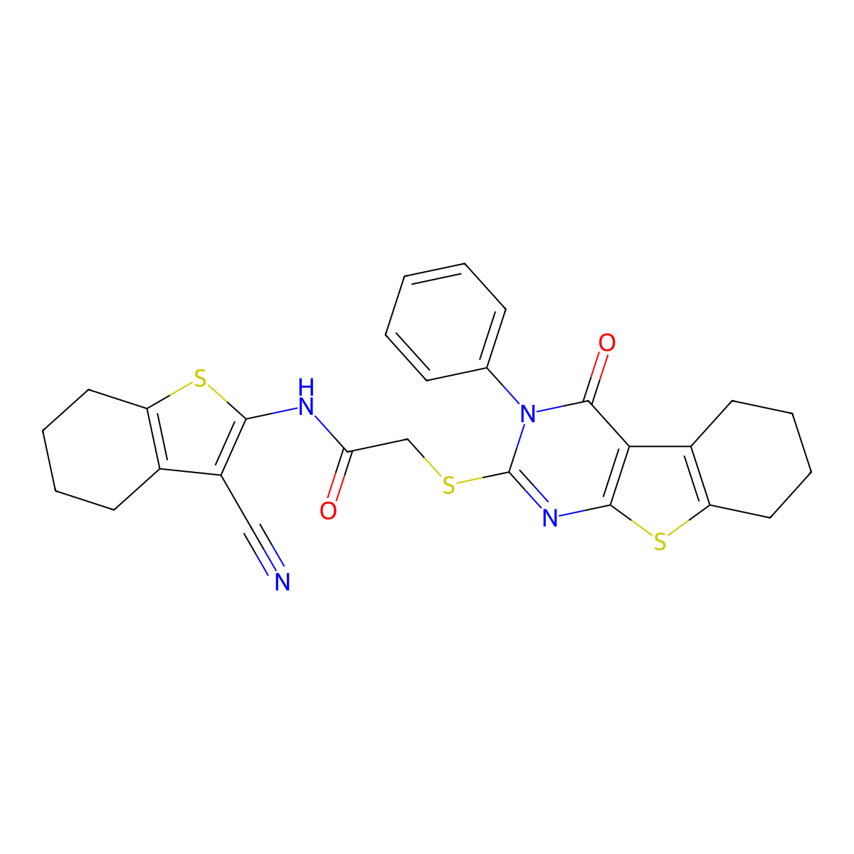 N-(3-cyano-4,5,6,7-tetrahydro-1-benzothiophen-2-yl)-2-[(4-oxo-3-phenyl-5,6,7,8-tetrahydro-[1]benzothiolo[2,3-d]pyrimidin-2-yl)sulfanyl]acetamide molecular structure, CAS 332930-80-0