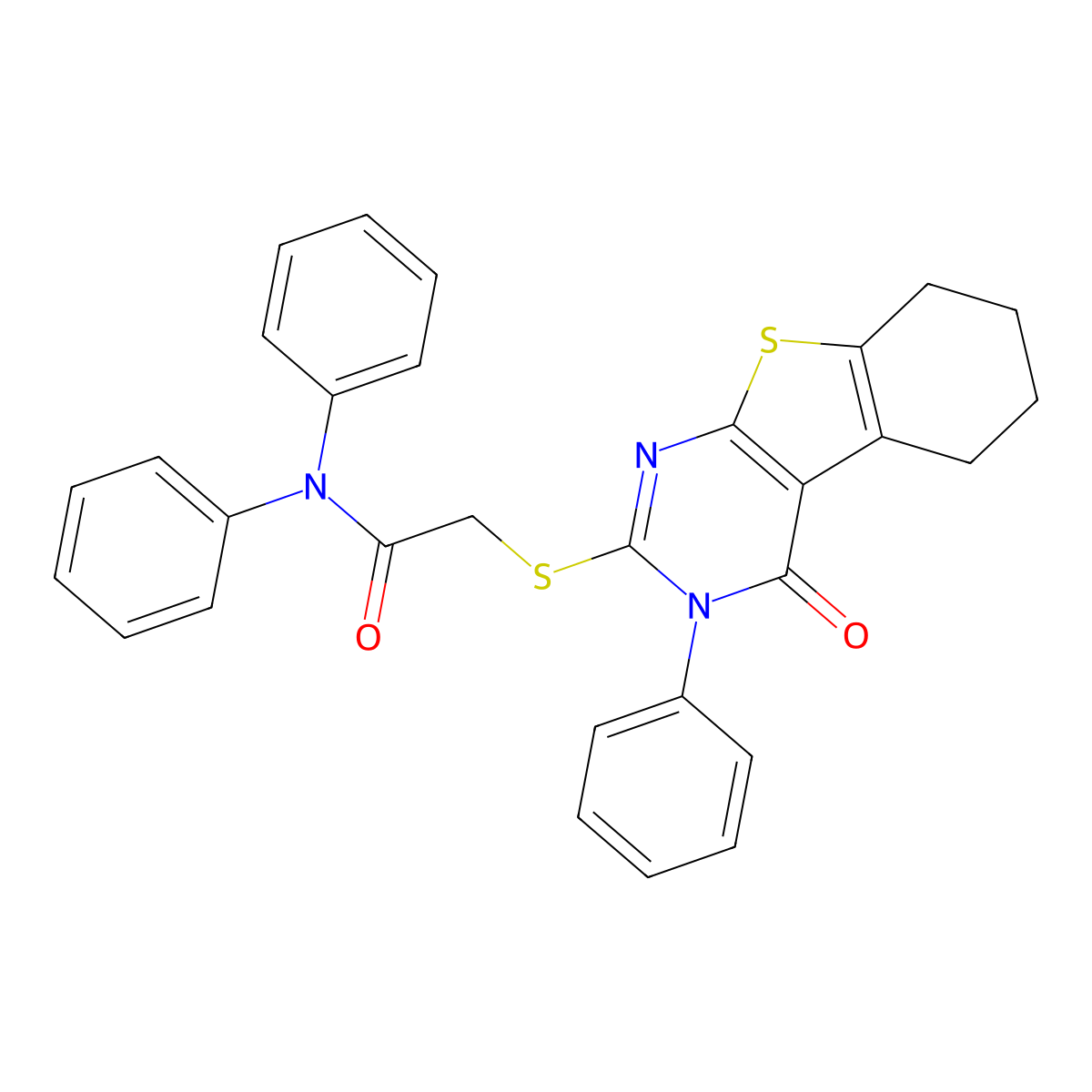 2-[(4-oxo-3-phenyl-5,6,7,8-tetrahydro-[1]benzothiolo[2,3-d]pyrimidin-2-yl)sulfanyl]-N,N-diphenylacetamide molecular structure, CAS 332930-94-6