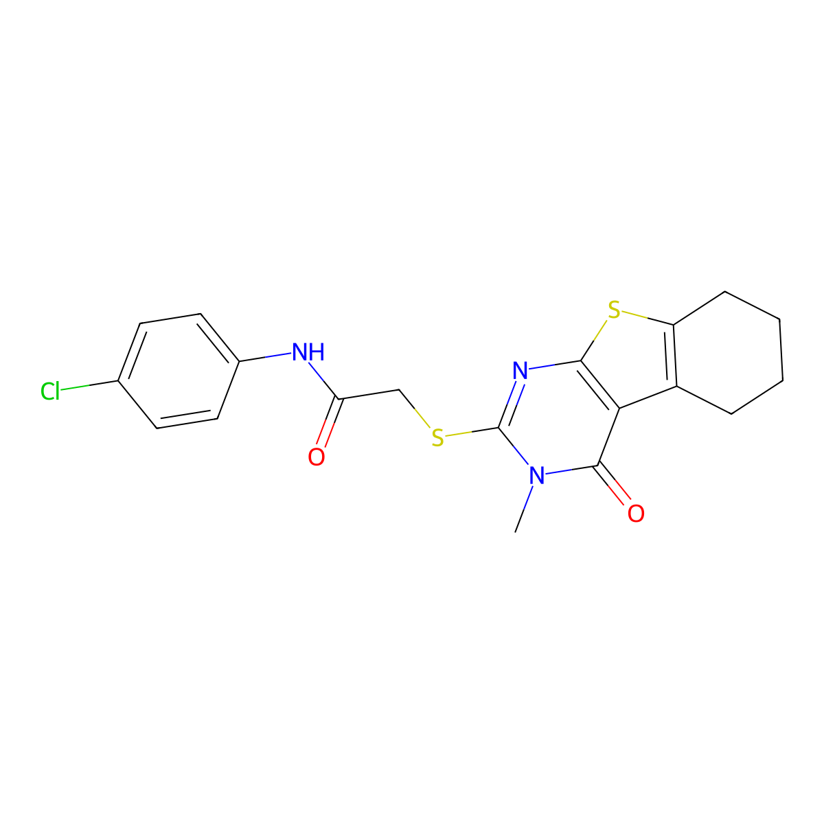 N-(4-chlorophenyl)-2-[(3-methyl-4-oxo-3,4,5,6,7,8-hexahydro[1]benzothieno[2,3-d]pyrimidin-2-yl)sulfanyl]acetamide molecular structure, CAS 332931-85-8