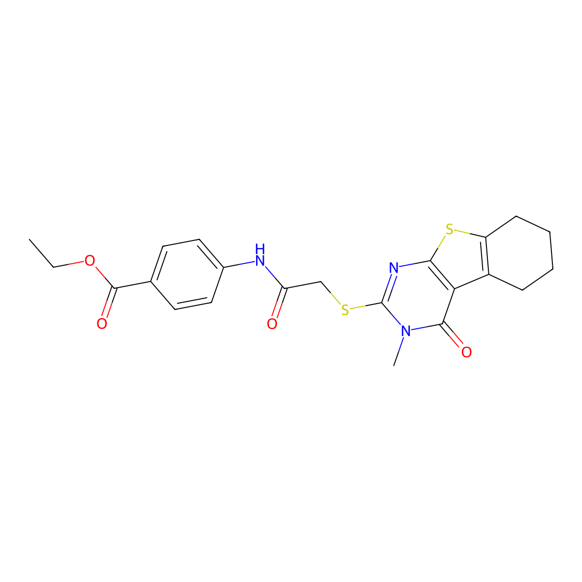 Ethyl 4-({[(3-methyl-4-oxo-3,4,5,6,7,8-hexahydro[1]benzothieno[2,3-d]pyrimidin-2-yl)sulfanyl]acetyl}amino)benzoate molecular structure, CAS 332931-97-2