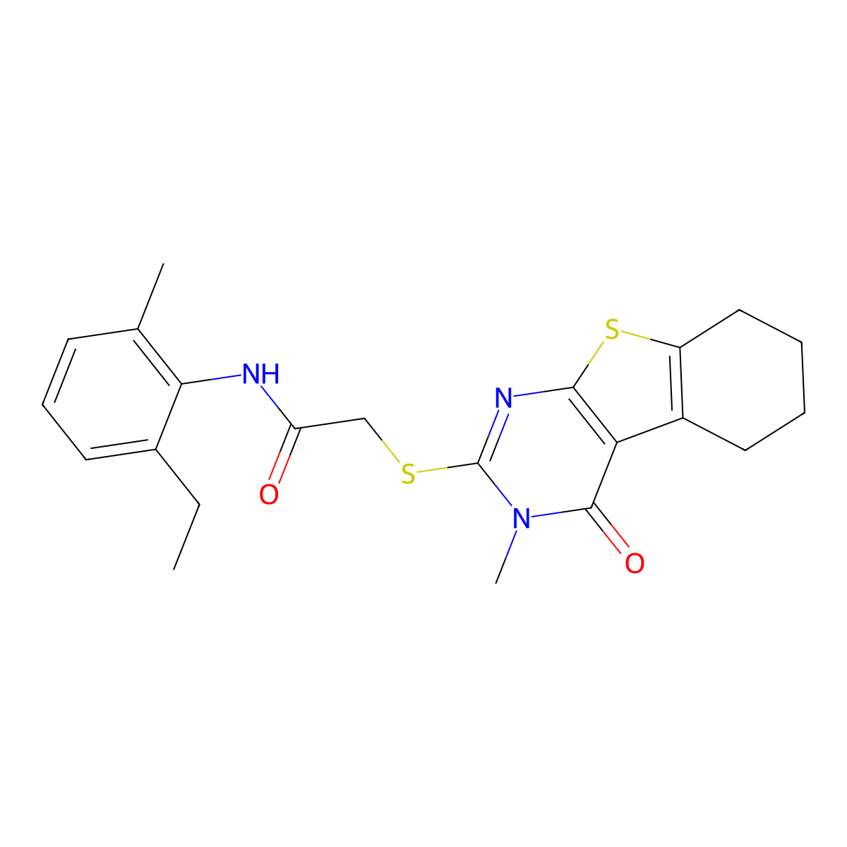 N-(2-ethyl-6-methylphenyl)-2-[(3-methyl-4-oxo-5,6,7,8-tetrahydro-[1]benzothiolo[2,3-d]pyrimidin-2-yl)sulfanyl]acetamide molecular structure, CAS 332932-05-5