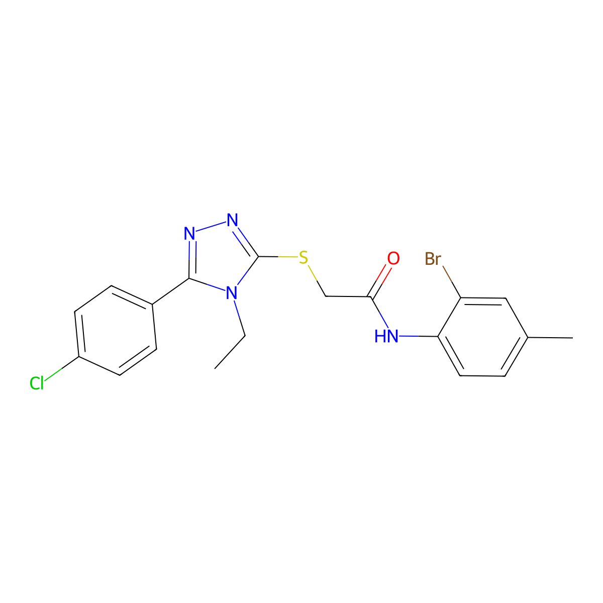 N-(2-bromo-4-methylphenyl)-2-[[5-(4-chlorophenyl)-4-ethyl-1,2,4-triazol-3-yl]sulfanyl]acetamide molecular structure, CAS 332934-54-0