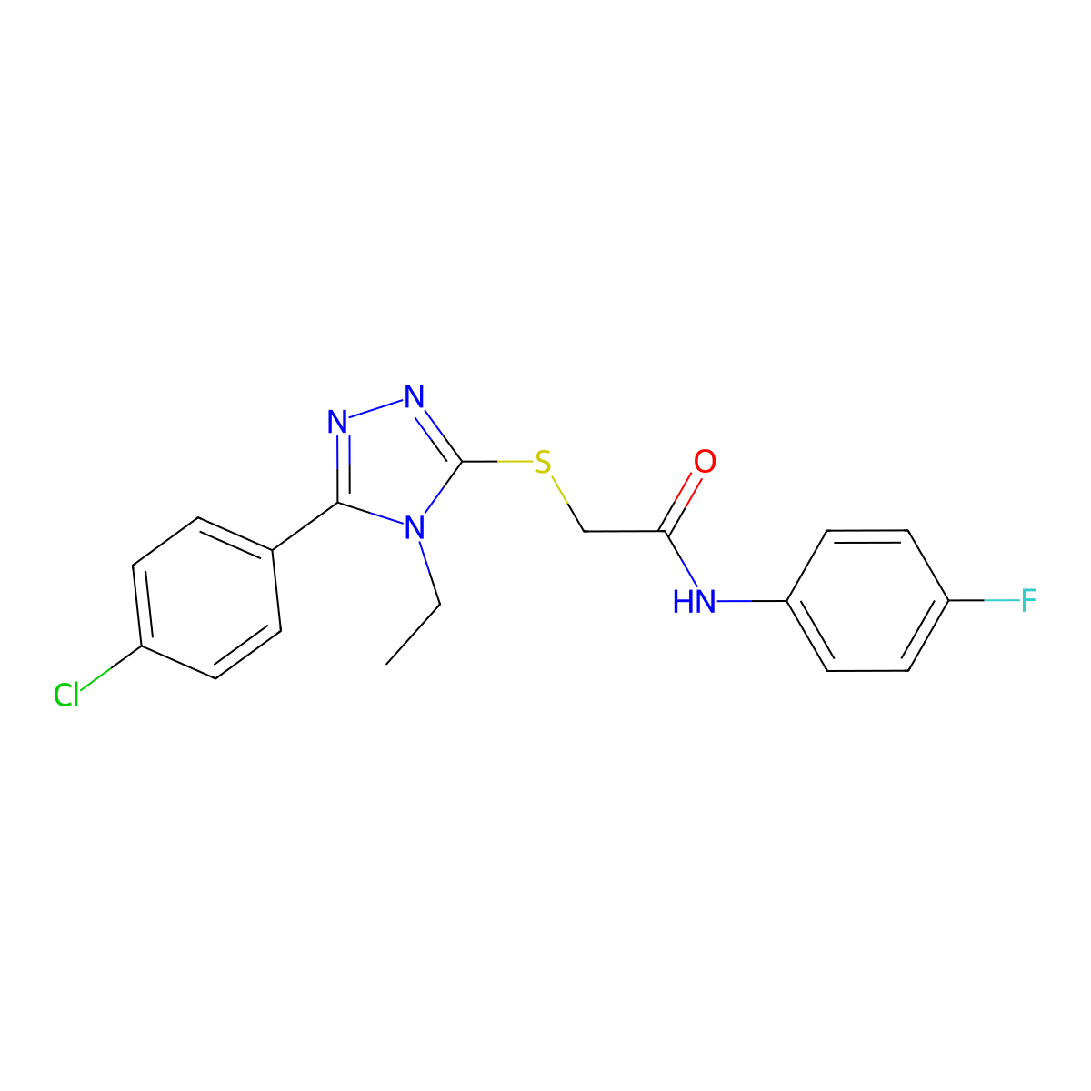 2-{[5-(4-chlorophenyl)-4-ethyl-4H-1,2,4-triazol-3-yl]sulfanyl}-N-(4-fluorophenyl)acetamide molecular structure, CAS 332934-73-3