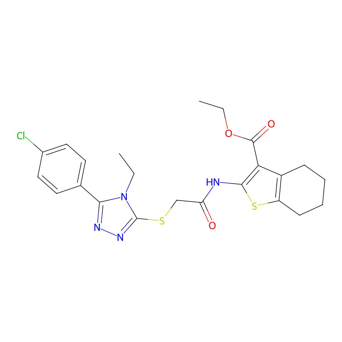 Ethyl 2-(2-((5-(4-chlorophenyl)-4-ethyl-4H-1,2,4-triazol-3-yl)thio)acetamido)-4,5,6,7-tetrahydrobenzo[b]thiophene-3-carboxylate molecular structure, CAS 332934-77-7