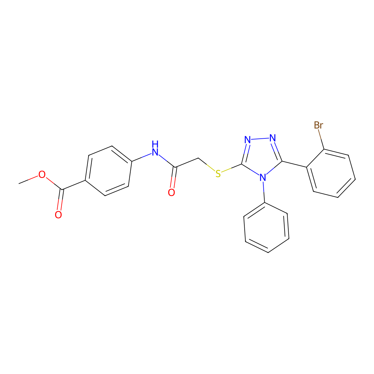 Methyl 4-(2-((5-(2-bromophenyl)-4-phenyl-4H-1,2,4-triazol-3-yl)thio)acetamido)benzoate molecular structure, CAS 332934-88-0