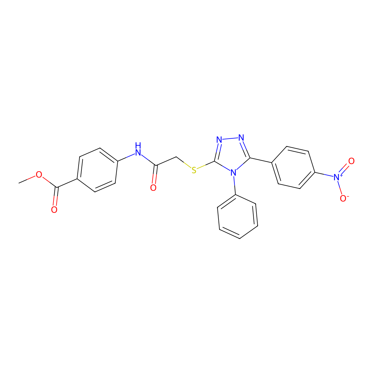 Methyl 4-(2-((5-(4-nitrophenyl)-4-phenyl-4H-1,2,4-triazol-3-yl)thio)acetamido)benzoate molecular structure, CAS 332935-26-9