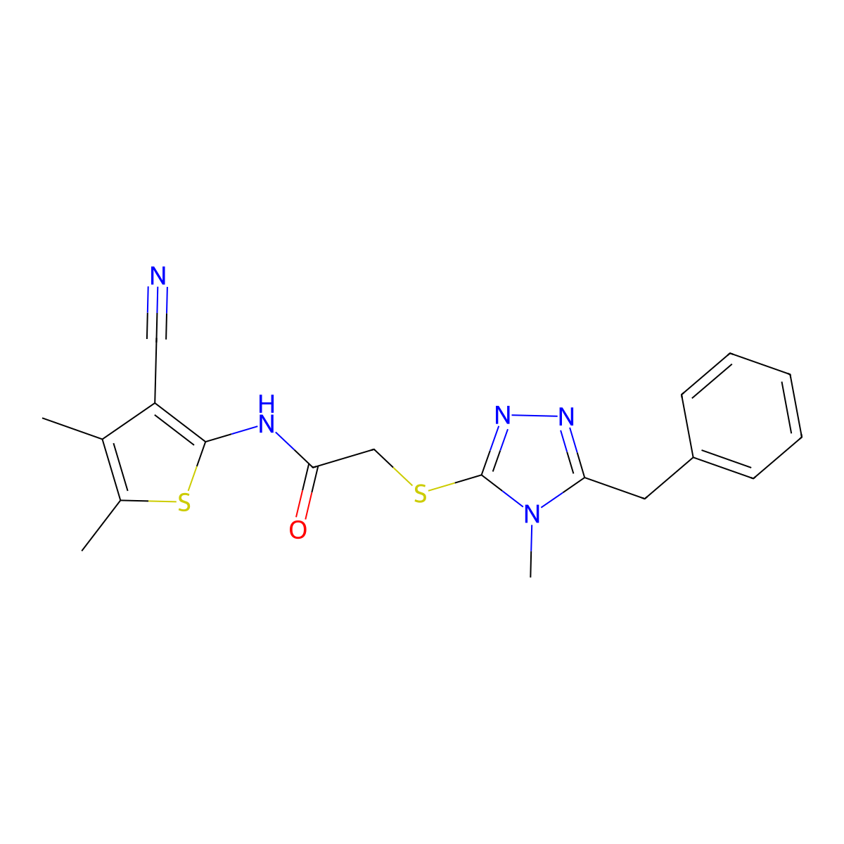2-((5-Benzyl-4-methyl-4H-1,2,4-triazol-3-yl)thio)-N-(3-cyano-4,5-dimethylthiophen-2-yl)acetamide molecular structure, CAS 332935-91-8