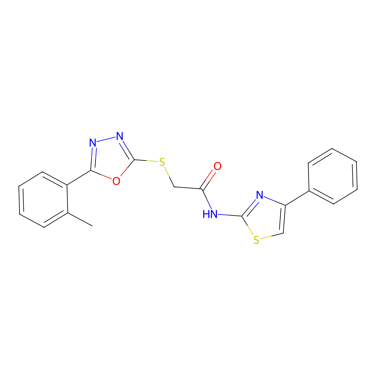 N-(4-phenylthiazol-2-yl)-2-((5-(o-tolyl)-1,3,4-oxadiazol-2-yl)thio)acetamide molecular structure, CAS 332936-39-7