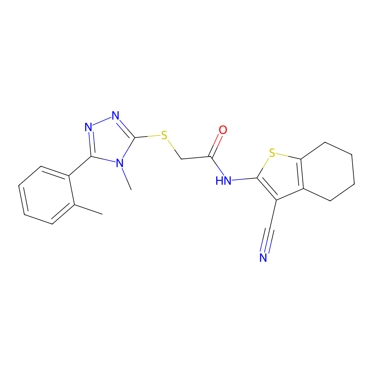 N-(3-cyano-4,5,6,7-tetrahydro-1-benzothiophen-2-yl)-2-[[4-methyl-5-(2-methylphenyl)-1,2,4-triazol-3-yl]sulfanyl]acetamide molecular structure, CAS 332936-82-0