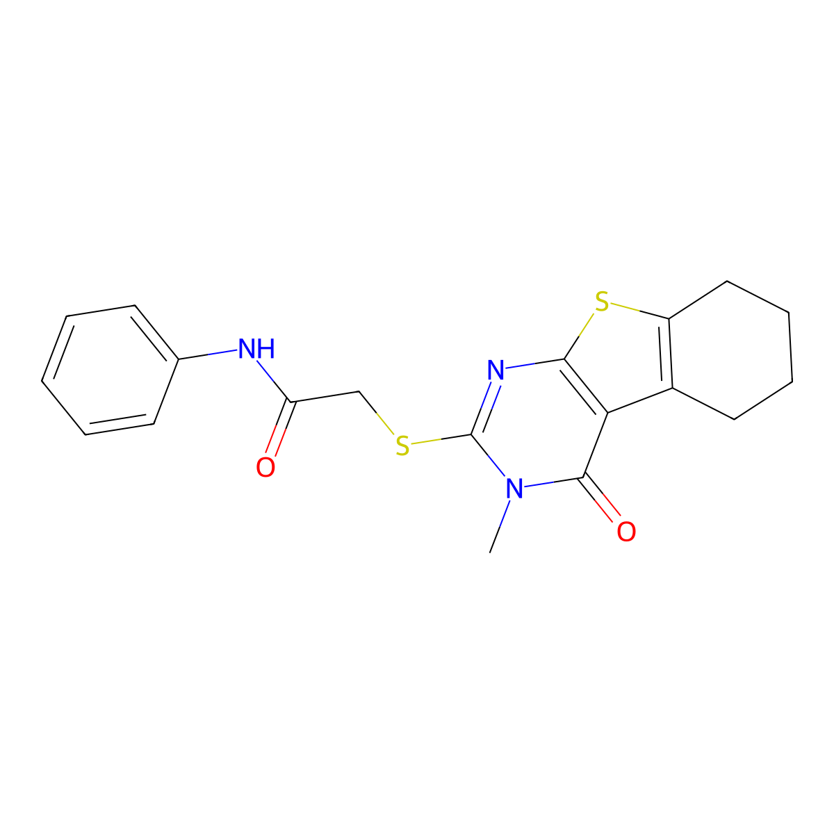 2-[(3-methyl-4-oxo-5,6,7,8-tetrahydro-[1]benzothiolo[2,3-d]pyrimidin-2-yl)sulfanyl]-N-phenylacetamide molecular structure, CAS 332937-34-5
