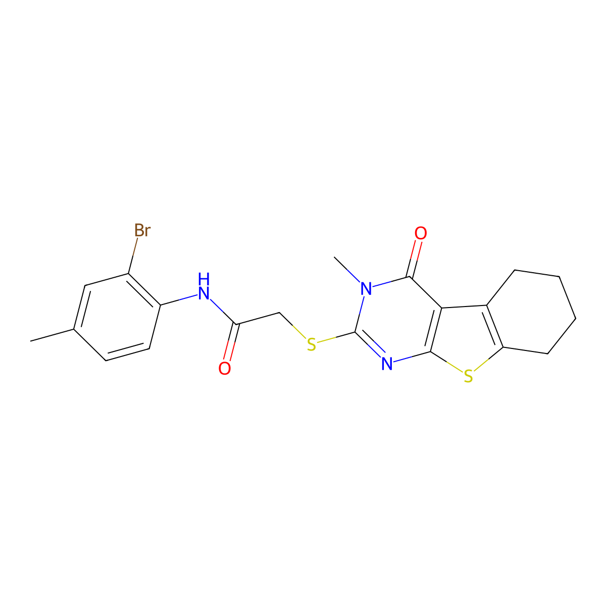 N-(2-bromo-4-methylphenyl)-2-[(3-methyl-4-oxo-5,6,7,8-tetrahydro-[1]benzothiolo[2,3-d]pyrimidin-2-yl)sulfanyl]acetamide molecular structure, CAS 332937-43-6