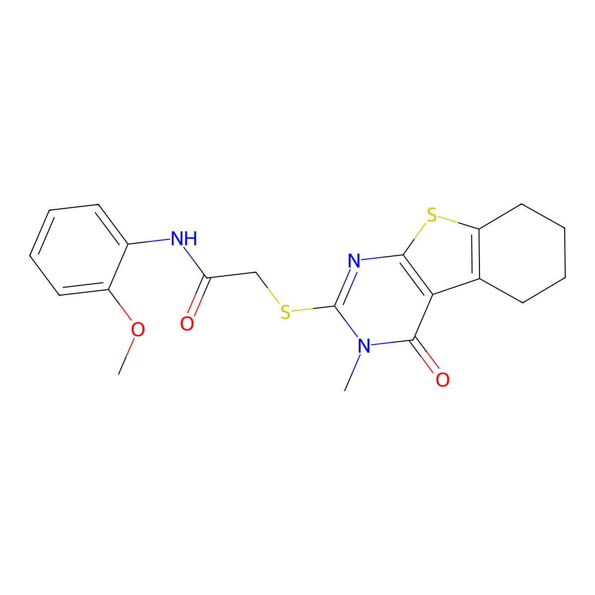 N-(2-methoxyphenyl)-2-(3-methyl-4-oxo(3,5,6,7,8-pentahydrobenzo[b]thiopheno[2, 3-d]pyrimidin-2-ylthio))acetamide molecular structure, CAS 332937-44-7