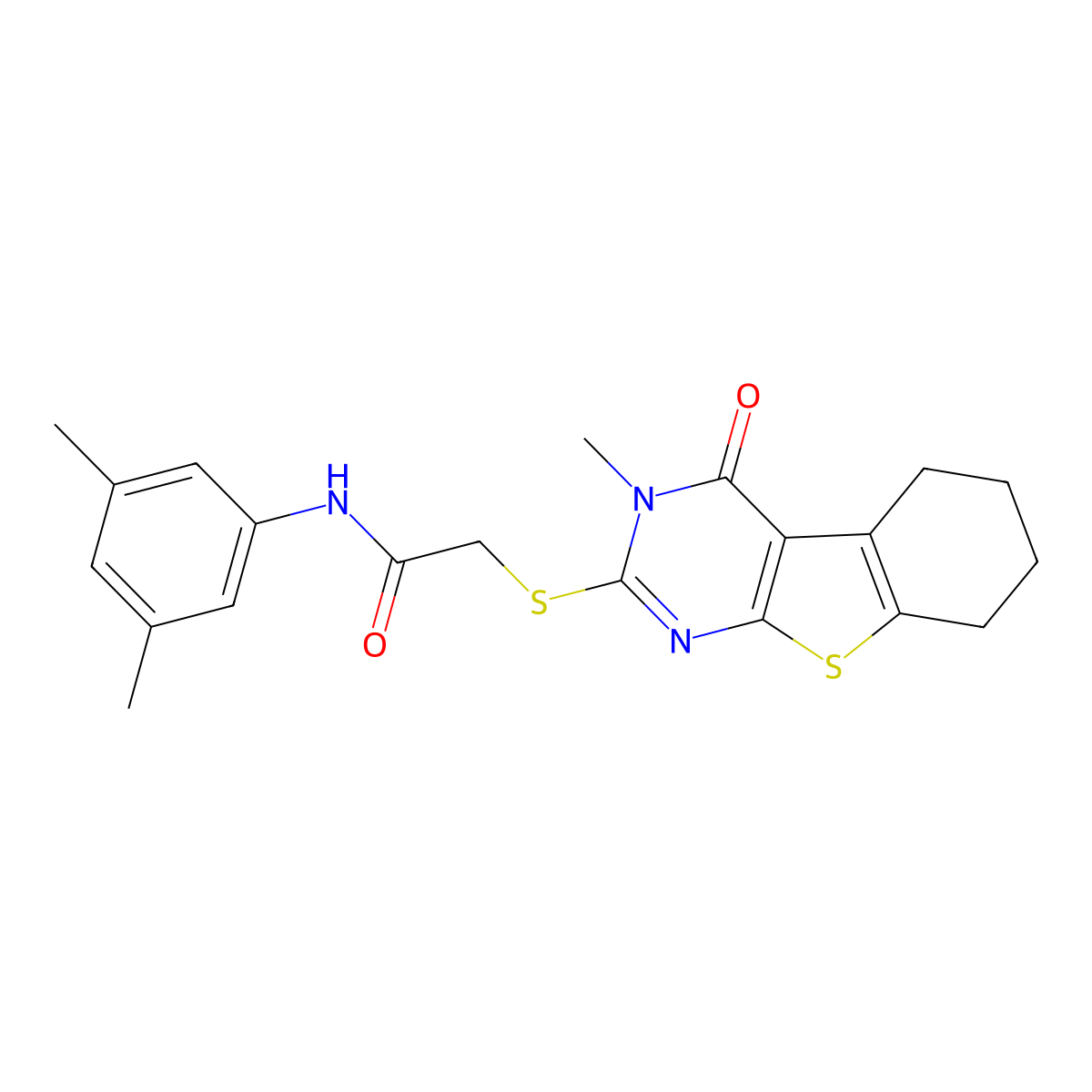 N-(3,5-dimethylphenyl)-2-[(3-methyl-4-oxo-3,4,5,6,7,8-hexahydro[1]benzothieno[2,3-d]pyrimidin-2-yl)sulfanyl]acetamide molecular structure, CAS 332937-51-6