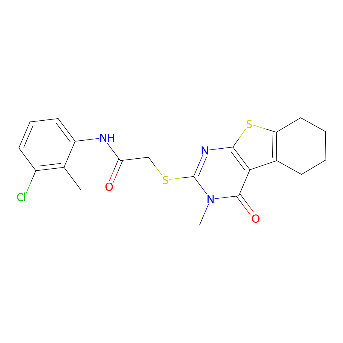 N-(3-chloro-2-methylphenyl)-2-[(3-methyl-4-oxo-5,6,7,8-tetrahydro-[1]benzothiolo[2,3-d]pyrimidin-2-yl)sulfanyl]acetamide molecular structure, CAS 332937-55-0