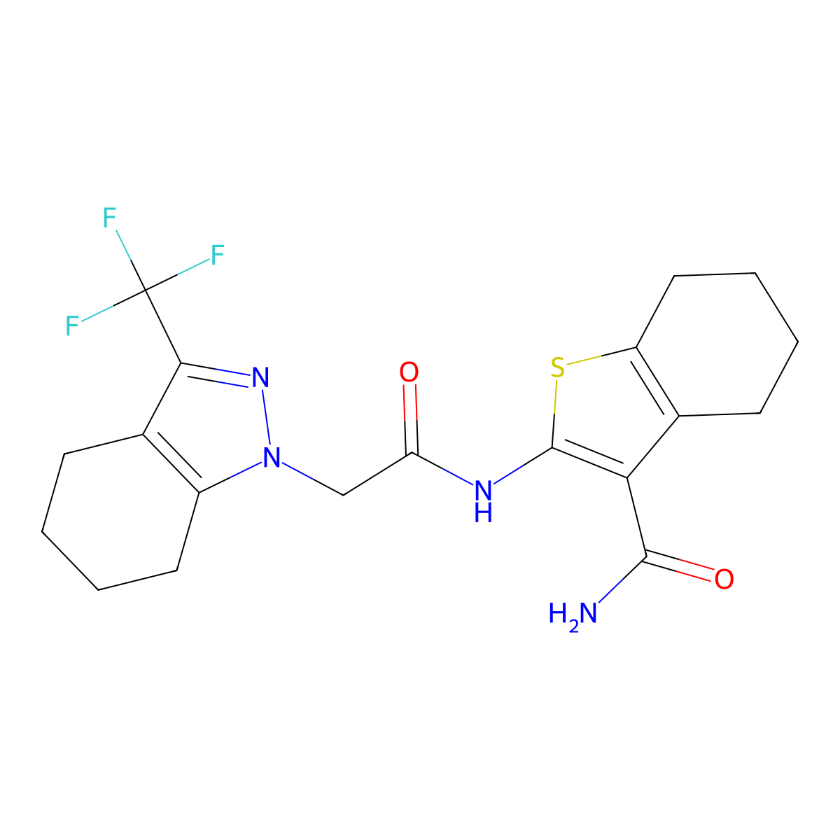 2-({[3-(trifluoromethyl)-4,5,6,7-tetrahydro-1H-indazol-1-yl]acetyl}amino)-4,5,6,7-tetrahydro-1-benzothiophene-3-carboxamide molecular structure, CAS 332943-98-3