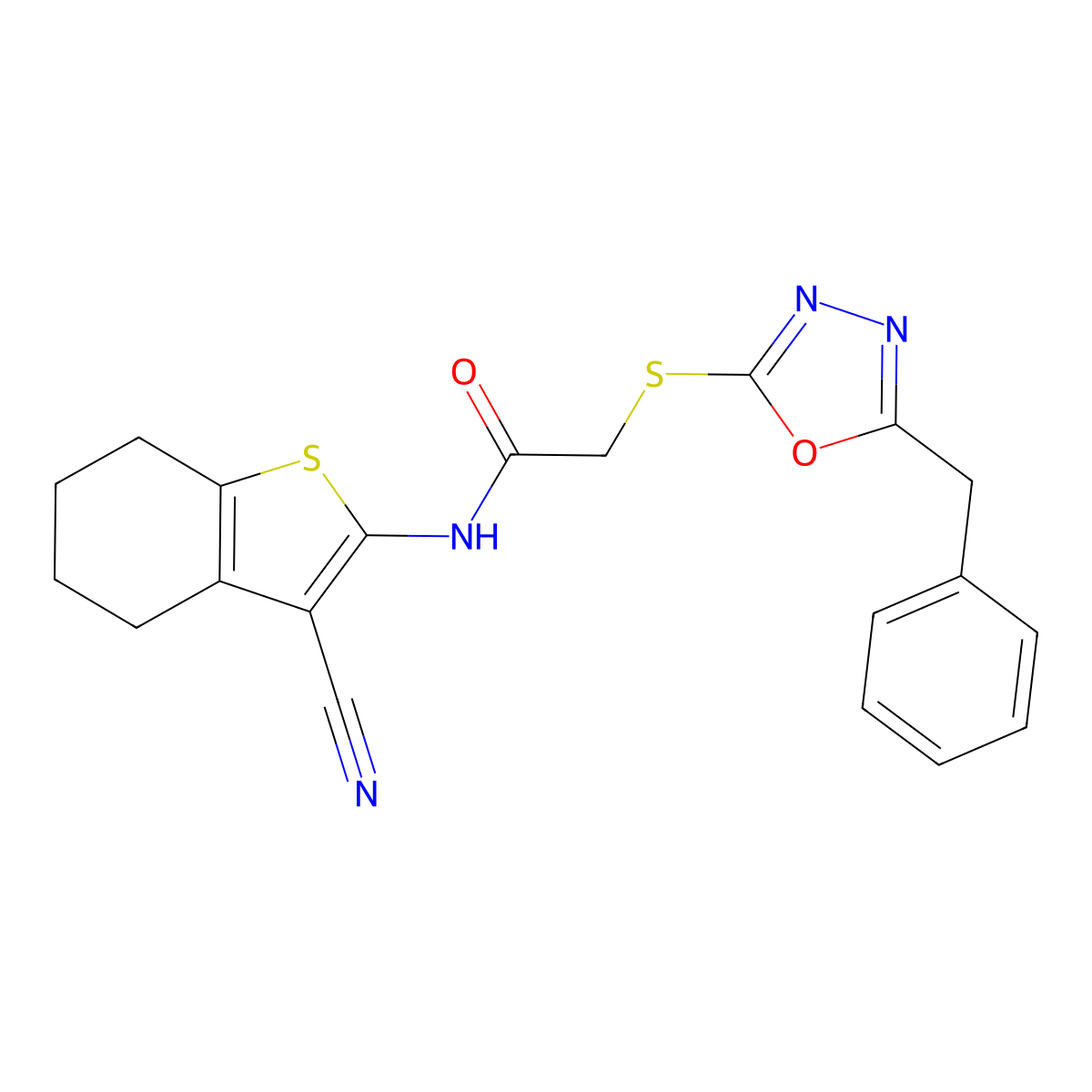 2-[(5-benzyl-1,3,4-oxadiazol-2-yl)sulfanyl]-N-(3-cyano-4,5,6,7-tetrahydro-1-benzothien-2-yl)acetamide molecular structure, CAS 332946-63-1