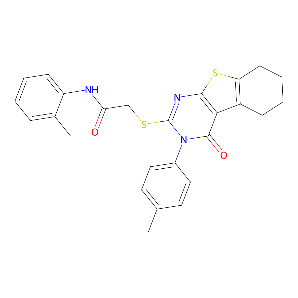 N-(2-methylphenyl)-2-[[3-(4-methylphenyl)-4-oxo-5,6,7,8-tetrahydro-[1]benzothiolo[2,3-d]pyrimidin-2-yl]sulfanyl]acetamide molecular structure, CAS 332947-16-7