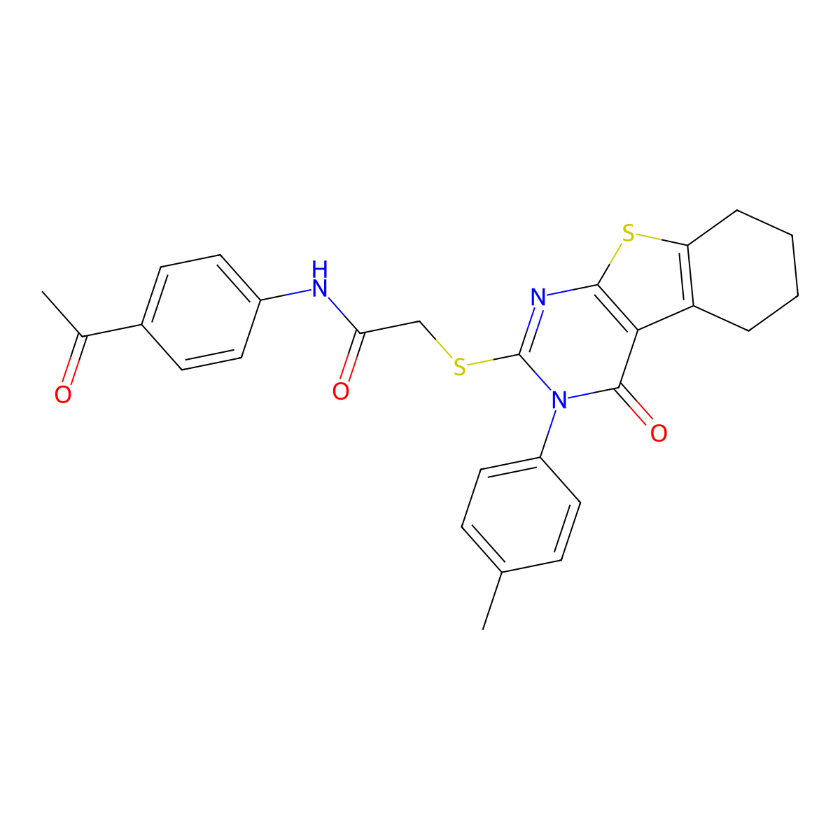 N-(4-Acetylphenyl)-2-((4-oxo-3-(p-tolyl)-3,4,5,6,7,8-hexahydrobenzo[4,5]thieno[2,3-d]pyrimidin-2-yl)thio)acetamide molecular structure, CAS 332947-18-9