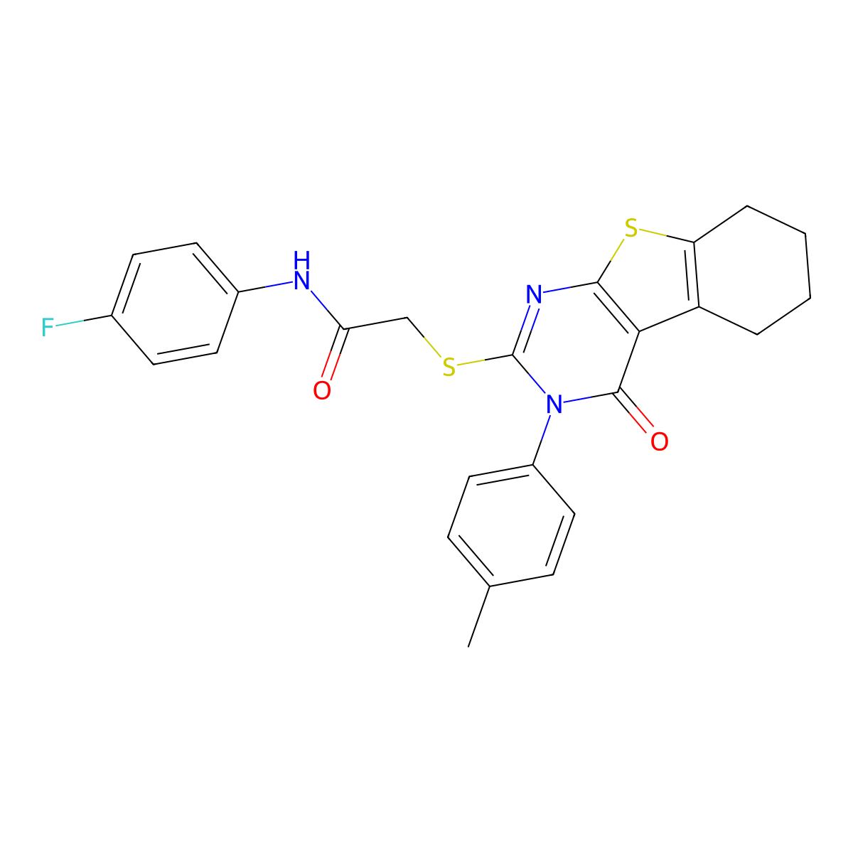 N-(4-fluorophenyl)-2-[[3-(4-methylphenyl)-4-oxo-5,6,7,8-tetrahydro-[1]benzothiolo[2,3-d]pyrimidin-2-yl]sulfanyl]acetamide molecular structure, CAS 332947-28-1