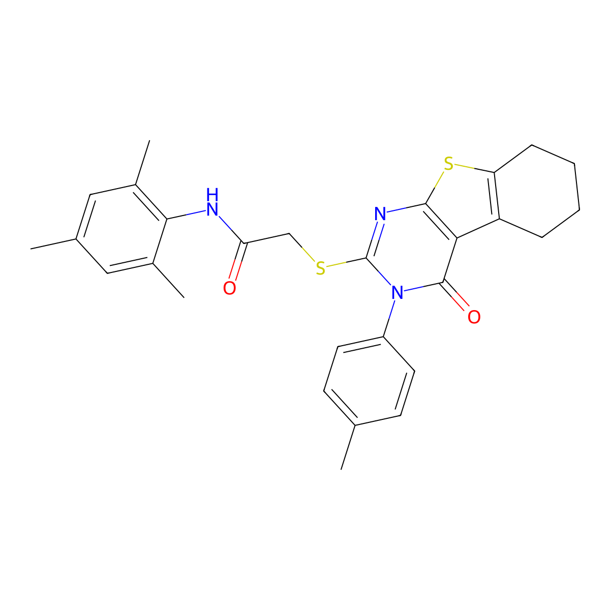 2-{[3-(4-methylphenyl)-4-oxo-3,4,5,6,7,8-hexahydro[1]benzothieno[2,3-d]pyrimidin-2-yl]sulfanyl}-N-(2,4,6-trimethylphenyl)acetamide molecular structure, CAS 332947-29-2