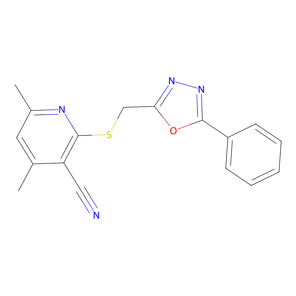 4,6-Dimethyl-2-(5-phenyl-[1,3,4]oxadiazol-2-ylmethylsulfanyl)-nicotinonitrile molecular structure, CAS 332949-78-7