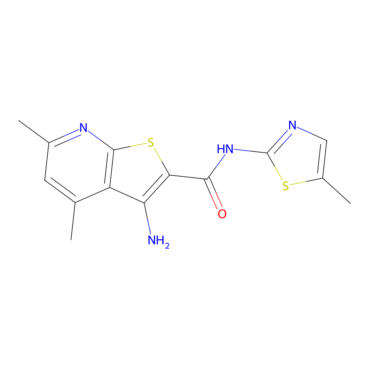 3-amino-4,6-dimethyl-N-(5-methylthiazol-2-yl)thieno[2,3-b]pyridine-2-carboxamide molecular structure, CAS 332950-09-1