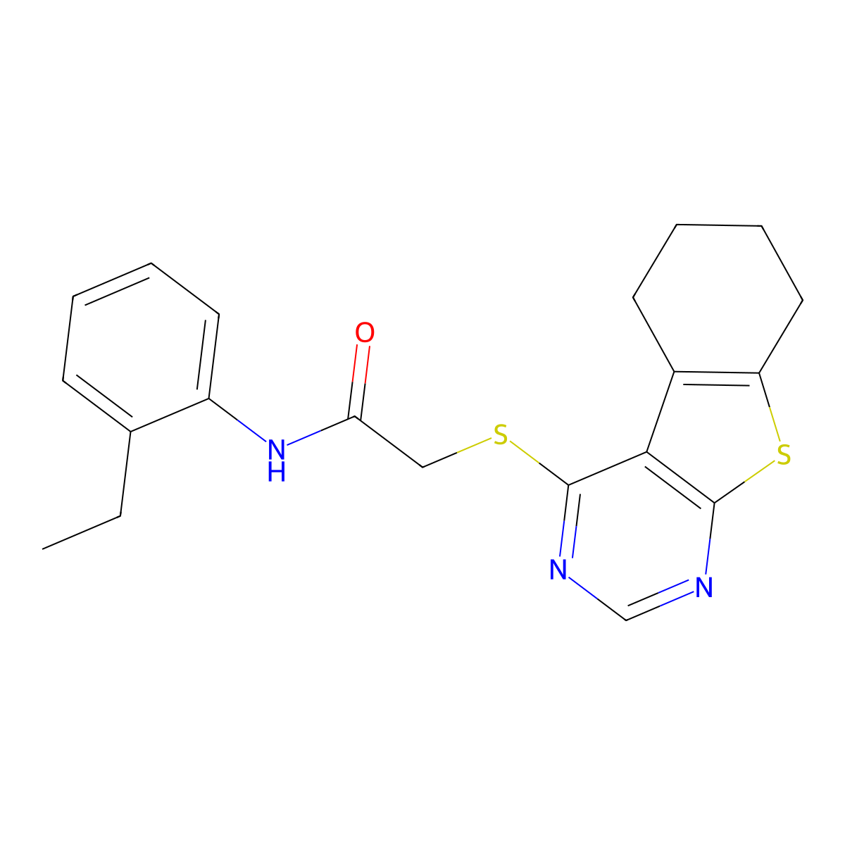 N-(2-ethylphenyl)-2-(5,6,7,8-tetrahydro[1]benzothieno[2,3-d]pyrimidin-4-ylsulfanyl)acetamide molecular structure, CAS 332950-17-1