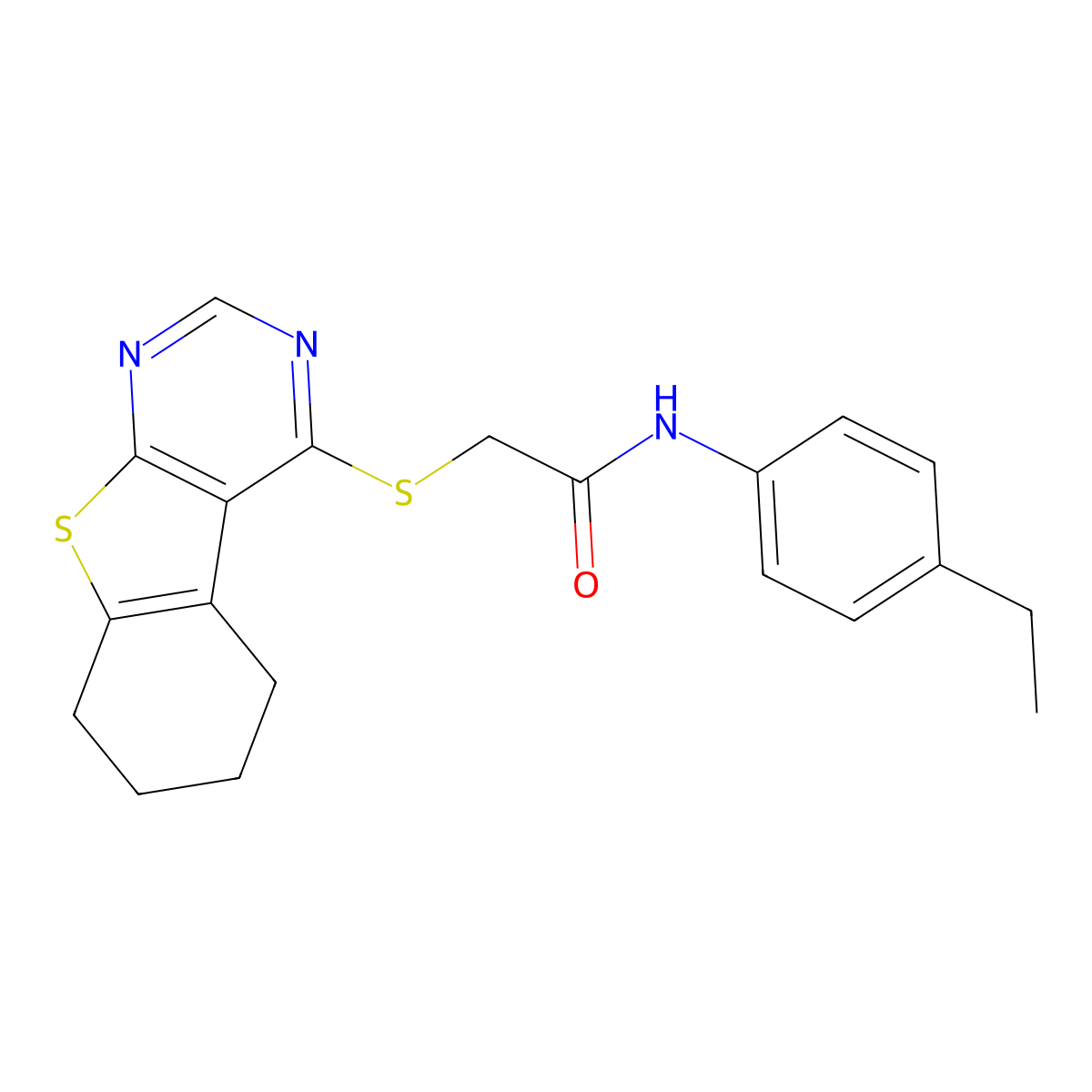 N-(4-ethylphenyl)-2-(5,6,7,8-tetrahydro[1]benzothieno[2,3-d]pyrimidin-4-ylsulfanyl)acetamide molecular structure, CAS 332950-18-2