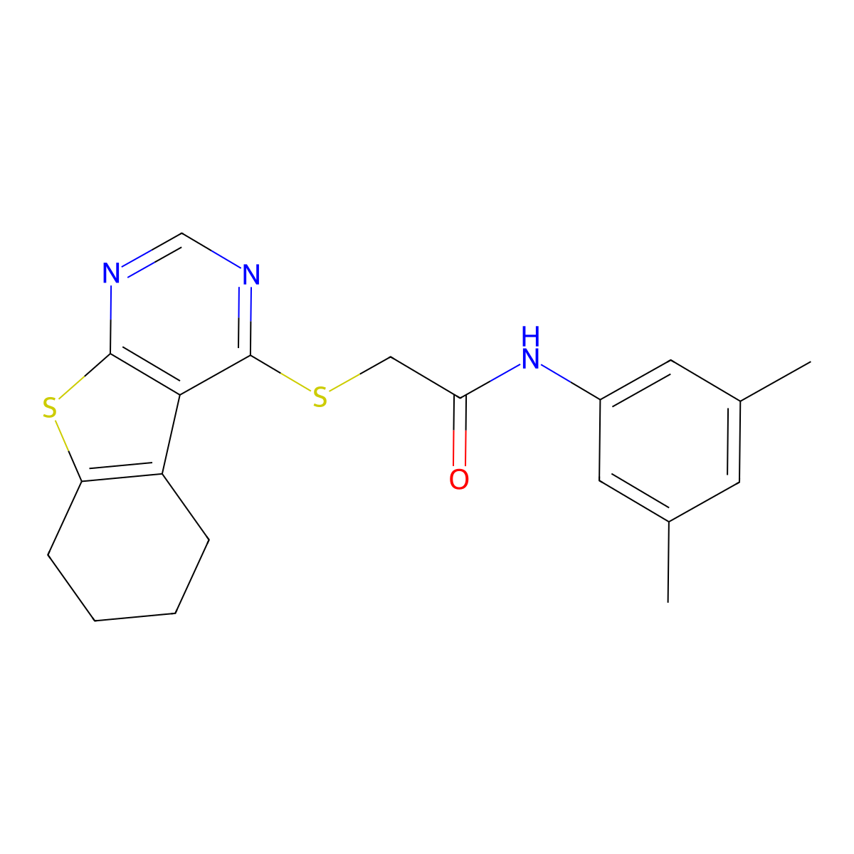 N-(3,5-dimethylphenyl)-2-(5,6,7,8-tetrahydro[1]benzothieno[2,3-d]pyrimidin-4-ylsulfanyl)acetamide molecular structure, CAS 332950-19-3
