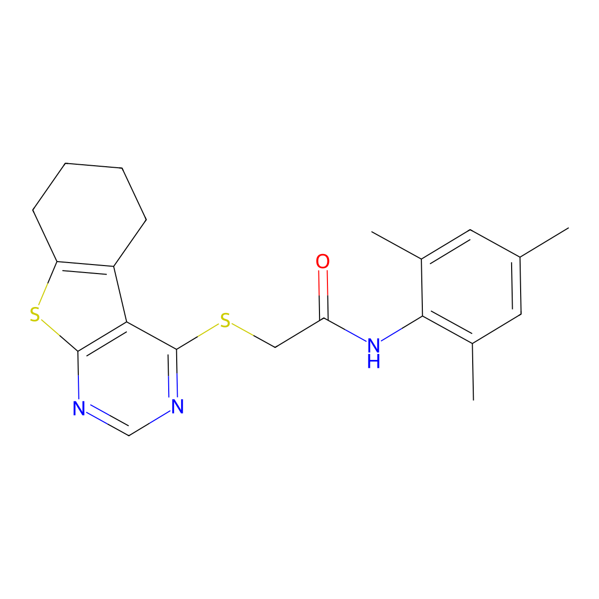 N-mesityl-2-(5,6,7,8-tetrahydro[1]benzothieno[2,3-d]pyrimidin-4-ylsulfanyl)acetamide molecular structure, CAS 332950-20-6