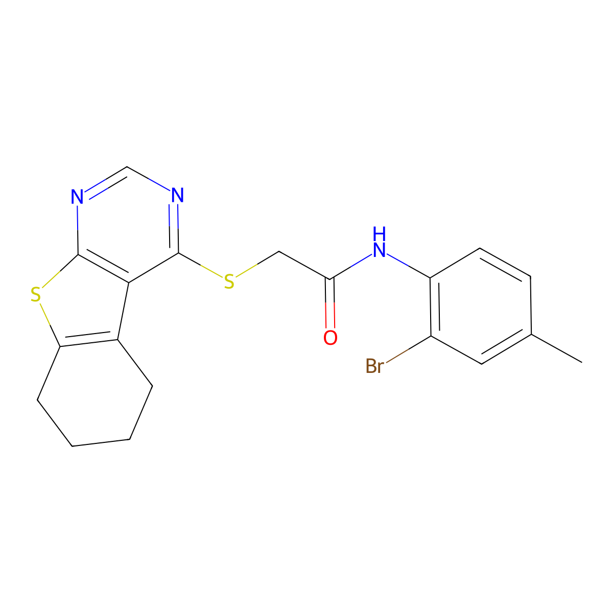N-(2-bromo-4-methylphenyl)-2-(5,6,7,8-tetrahydro[1]benzothieno[2,3-d]pyrimidin-4-ylsulfanyl)acetamide molecular structure, CAS 332950-23-9
