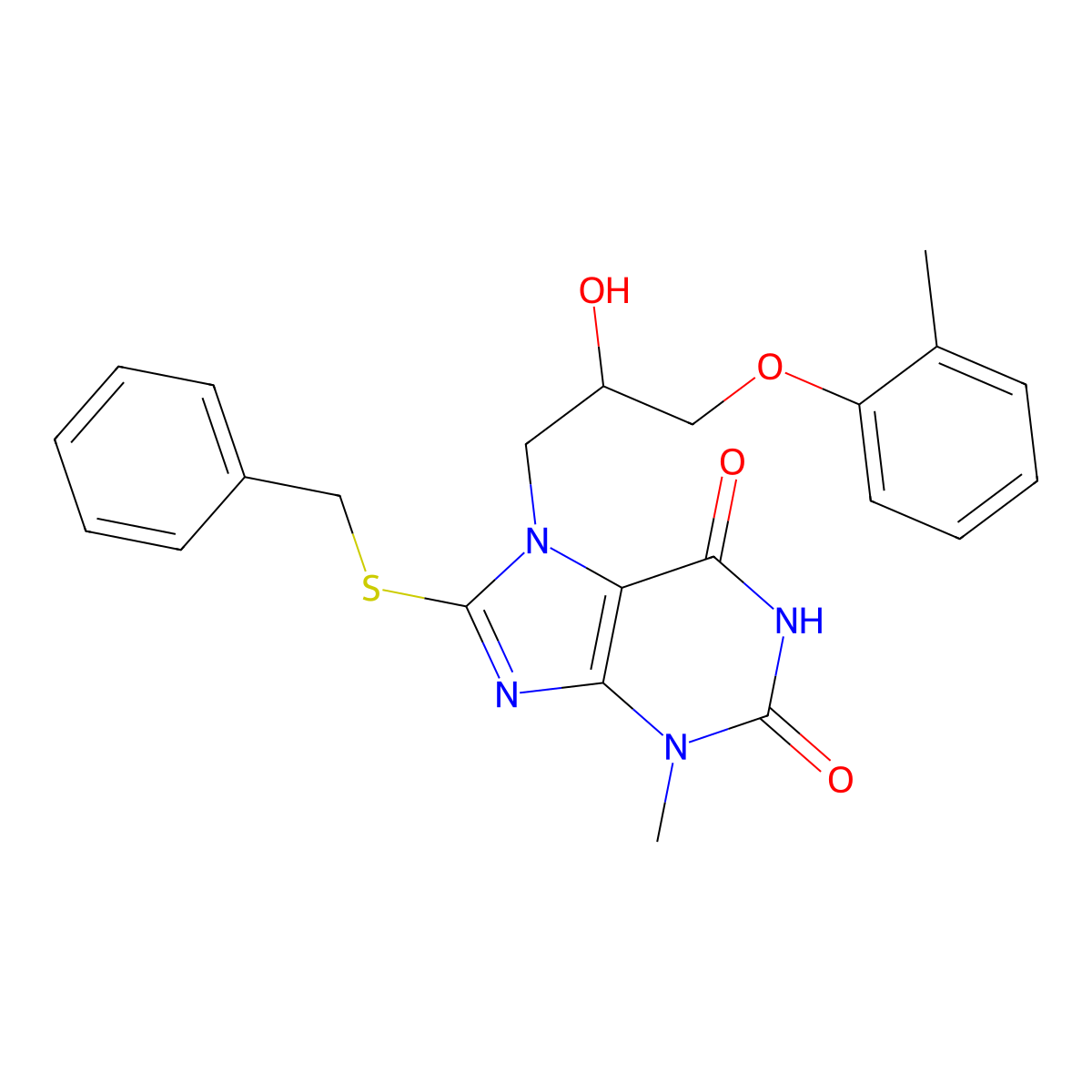 3,7-Dihydro-7-[2-hydroxy-3-(2-methylphenoxy)propyl]-3-methyl-8-[(phenylmethyl)thio]-1H-purine-2,6-dione molecular structure, CAS 333305-00-3