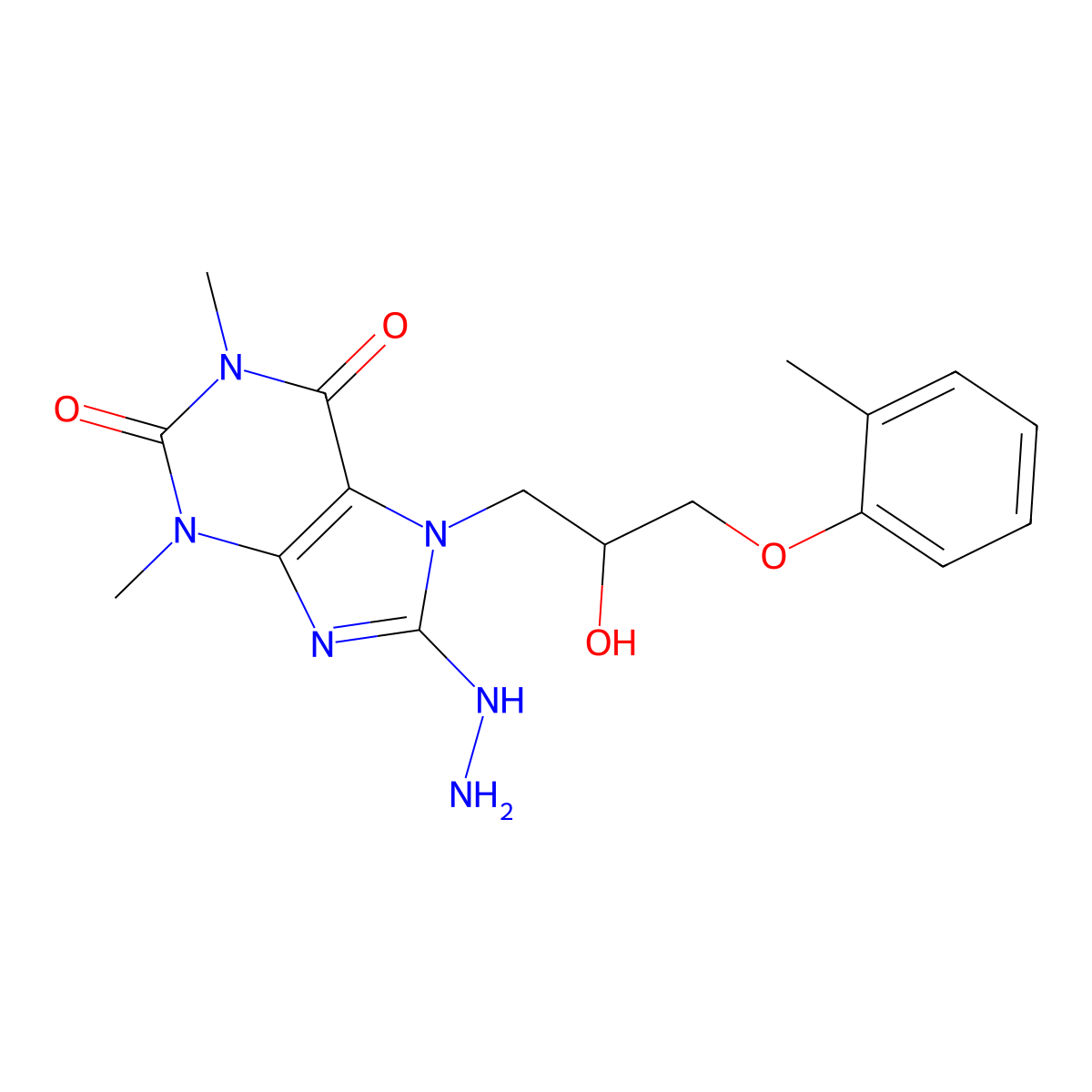 8-Hydrazinyl-7-[2-hydroxy-3-(2-methylphenoxy)propyl]-1,3-dimethylpurine-2,6-dione molecular structure, CAS 333305-32-1